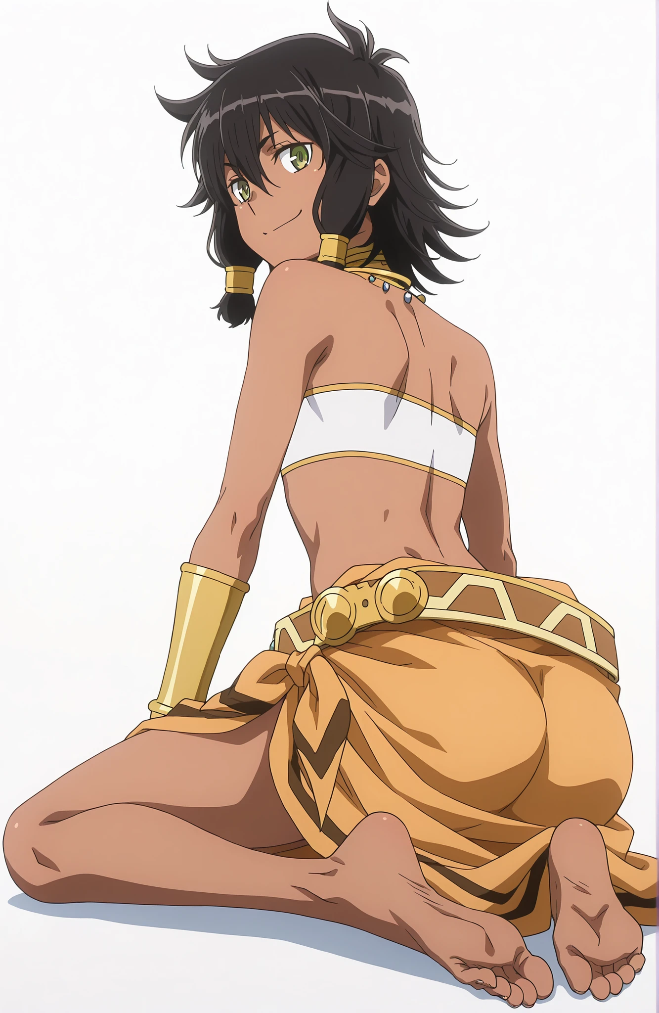(official art), anime_source, source_anime, Шедевр, лучшее качество, потрясающее качество, (((anime screencap))), anime drawing, (high detail), (masterpiece),(best quality),(ultra-detailed),((best illustration)),((very aesthetic)), 1 girl, Tiona Hiryute , smile, smirk, dark-skinned female ,short hair , hair tubes , black hair , green eyes, (looks at the viewer), athletic body, neck ring , necklace , white bandeau , flat chest , bracer , loose belt , sarong , ((perfect body)), white background, empty background, (((white background))), hips, big legs, (ideal body proportions), full body, toes, sole foot, ((ultra detailed toes)), toned shin, back view, butt, (ass), kneeling, Toe Sit
