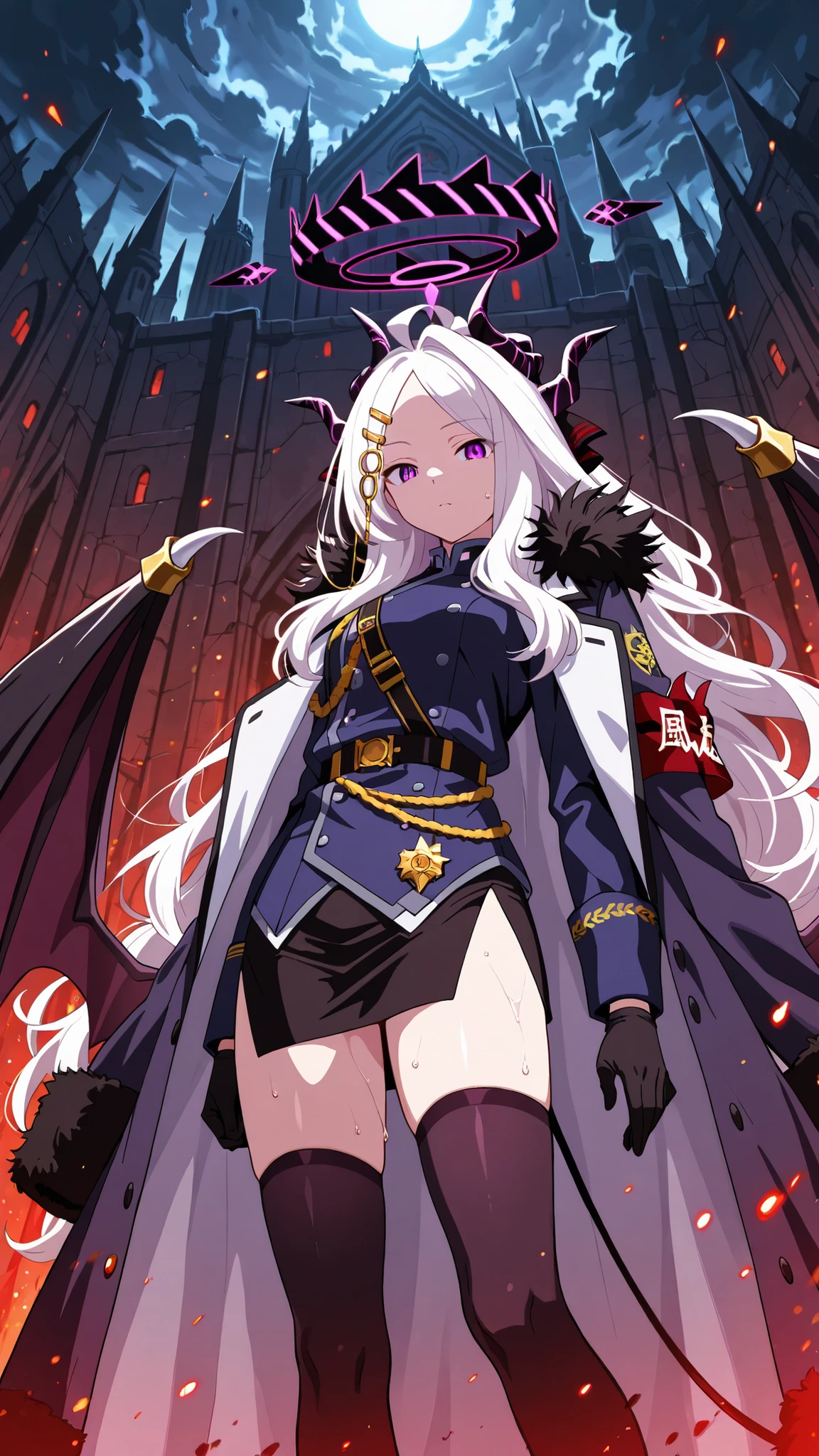 BREAK (masterpiece:1.2), best quality, high resolution, unity 8k wallpaper, (illustration:0.8),ultra-detailed anime-style dark castle, towering black stone walls covered in cracks and ancient carvings, massive spiked battlements disappearing into thick fog, deep shadows filling every arch and window, cold moonlight cutting through the mist with sharp contrast, heavy oppressive atmosphere, intricate gothic architecture, glowing faint runes etched into stone, wet ground reflecting pale light, swirling dark clouds above, subtle red embers drifting in the air, highly realistic textures, extreme contrast perfect for AMOLED, no people, cinematic and haunting, hina sorasaki, purple eyes, white hair, halo, ahoge, parted bangs, long hair, very long hair,armband, black gloves, coat, coat on shoulders, demon horns, demon wings, fur collar, gloves, hair ornament, horns, long coat, military uniform, miniskirt, multiple horns, side slit, thighhighs, uniform, wings, zettai ryouiki,smooth legs, gentle curves,standing near wall,cowboy shot,looking at viewer,side shot,leaning back on wall,from below,