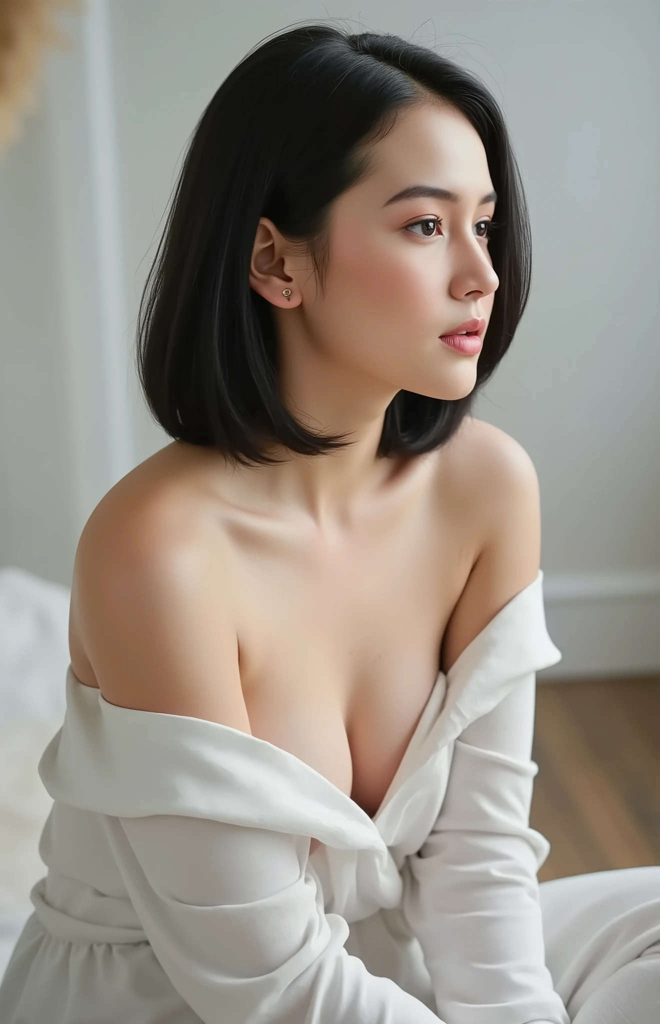 petite body, 1 chinese girl leaning forward. nude naked topless. lean body forward exposing cleavage. Forward-leaning pose with hands on knees. natural light brown tits. natural light brown nipples