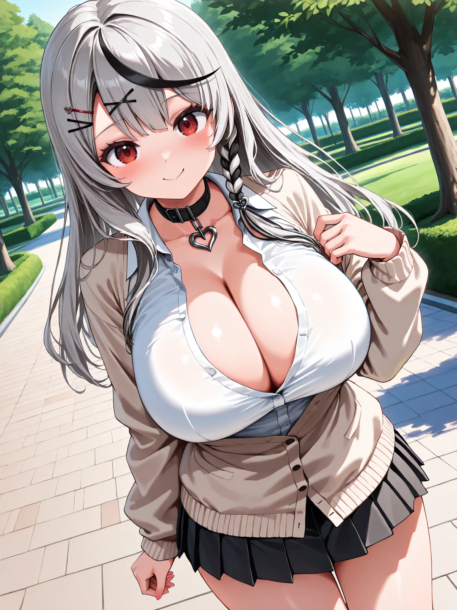 Very cute sister，(Large :2)，Card issuance，Perfect body，(Long purple-gray hair)，(Blue-green eyes)，High Detail，high quality，(White sleeveless shirt:1.posing :1)，(red plaid skirt:1.3)，Shy，(There are small braids on both sides)，Fine finger detailing