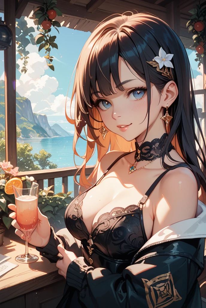 ((16k, highest quality, master piece: 1.2, super detailed, super high resolution, super detailed)),  1 girl, Glass Wonder \(umamusume\), Chestnut Hair, Part of the forelock is white, Long Hair, straight hair, Blue ribbon earrings, red line, one girl, animal ears, horse tail, Blue Eyes, fashionable, elegance, charming, , stunning, charming cleavage, lovely, charming, cute, beautiful detailed face, beautiful detailed eyes, soft expression, slim Beautiful figure, curvaceous, Small breasts, slender arms, graceful hands, delicate fingers, slim wrists, elegant neck,  shoulders, smooth skin, Seaside, sandy beach, Outdoors, blue sky,(black bikini swimwear, drenched, Wet skin)), smaile:1.4