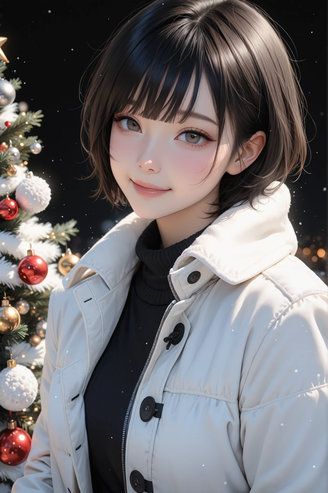 (best quality, ((masterpiece)), beautiful detailed face, 8K resolution,Semi-realistic),1 woman,(black short hair)((bangs hairs)),(light blue muffler),(white coat),Christmas tree,winter,smile,very short hairs