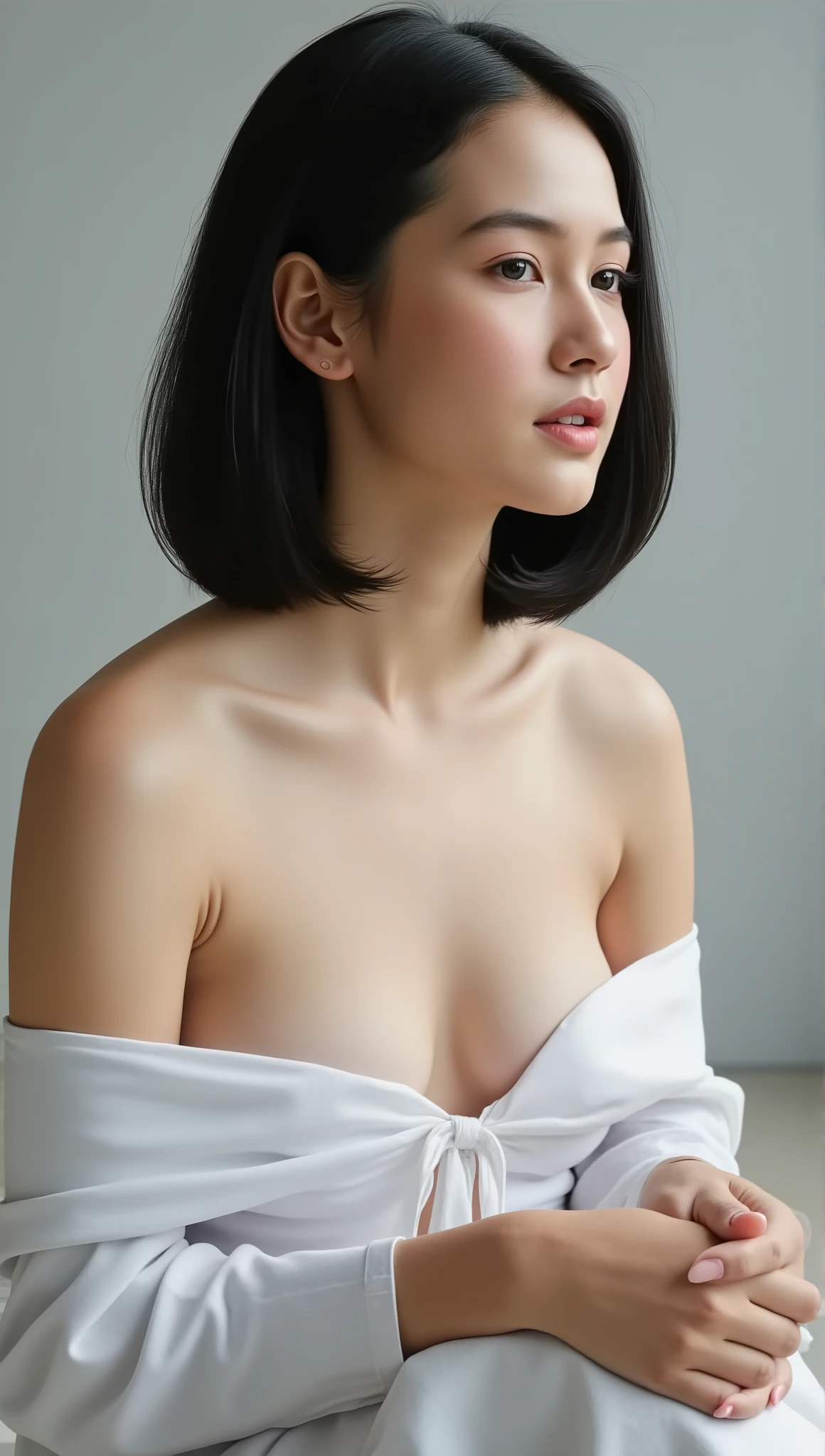 petite body, 1 chinese girl leaning forward. nude naked topless. lean body forward exposing cleavage. Forward-leaning pose with hands on knees. natural light brown tits. natural light brown nipples