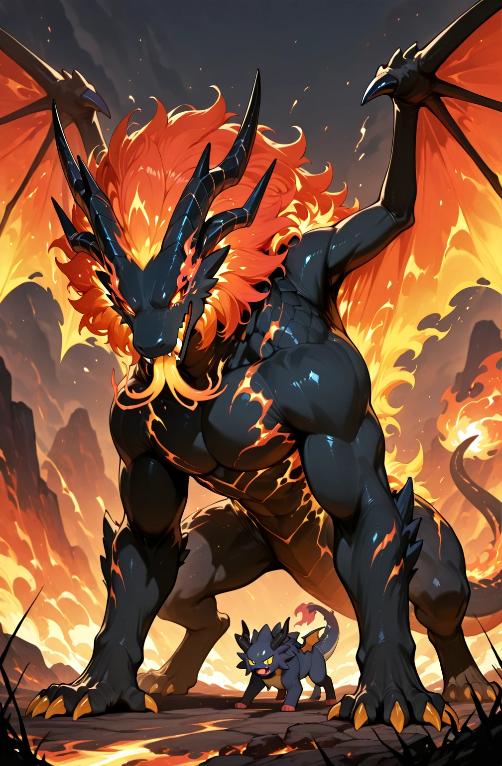 a female balrog, balrog, fire monster, monster, monster made of molten lava, wings made of fire, large tail, trailing smoke, smoldering embers, burning flesh, fire realm