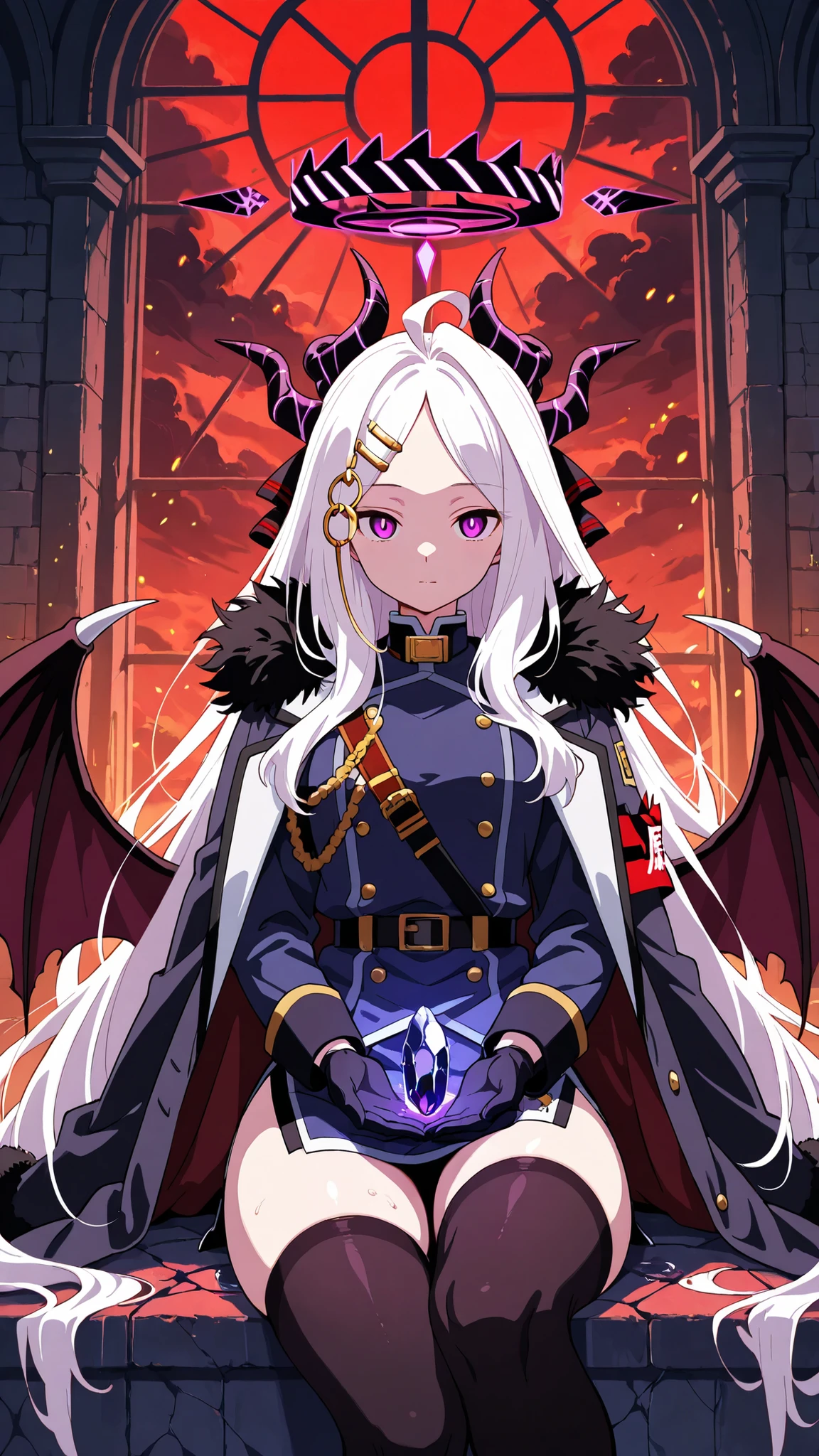 BREAK (masterpiece:1.2), best quality, high resolution, unity 8k wallpaper, (illustration:0.8),ultra-detailed anime-style dark castle, towering black stone walls covered in cracks and ancient carvings, massive spiked battlements disappearing into thick fog, deep shadows filling every arch and window, cold moonlight cutting through the mist with sharp contrast, heavy oppressive atmosphere, intricate gothic architecture, glowing faint runes etched into stone, wet ground reflecting pale light, swirling dark clouds above, subtle red embers drifting in the air, highly realistic textures, extreme contrast perfect for AMOLED, no people, cinematic and haunting, hina sorasaki, purple eyes, white hair, halo, ahoge, parted bangs, long hair, very long hair,armband, black gloves, coat, coat on shoulders, demon horns, demon wings, fur collar, gloves, hair ornament, horns, long coat, military uniform, miniskirt, multiple horns, side slit, thighhighs, uniform, wings, zettai ryouiki,smooth legs, gentle curves,cowboy shot,looking at viewer,sitting sensually, suggestive posture, leaning back with hands behind,ultra detailed, 4k