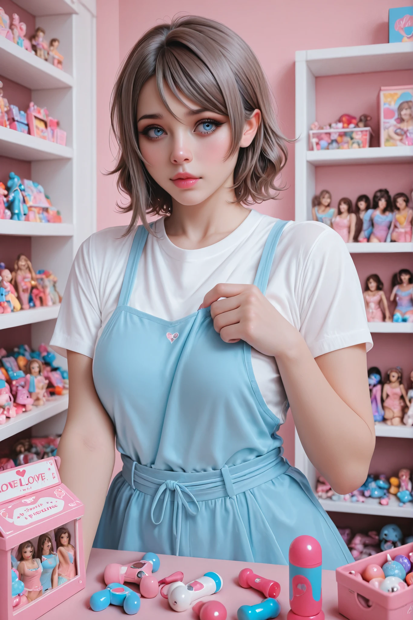 Watanabe you,paloma_piquet,love love, realistic anime, feminine ,toy store, repairing figure toy
