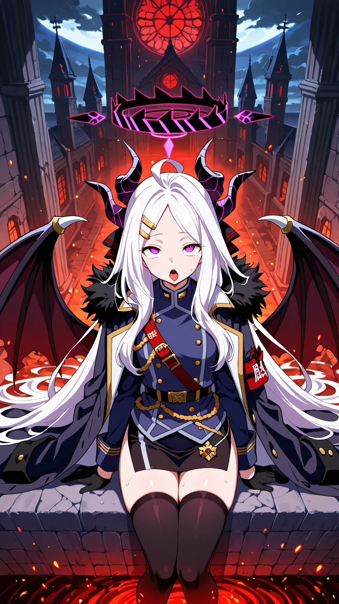 BREAK (masterpiece:1.2), best quality, high resolution, unity 8k wallpaper, (illustration:0.8),ultra-detailed anime-style dark castle, towering black stone walls covered in cracks and ancient carvings, massive spiked battlements disappearing into thick fog, deep shadows filling every arch and window, cold moonlight cutting through the mist with sharp contrast, heavy oppressive atmosphere, intricate gothic architecture, glowing faint runes etched into stone, wet ground reflecting pale light, swirling dark clouds above, subtle red embers drifting in the air, highly realistic textures, extreme contrast perfect for AMOLED, no people, cinematic and haunting, hina sorasaki, purple eyes, white hair, halo, ahoge, parted bangs, long hair, very long hair,armband, black gloves, coat, coat on shoulders, demon horns, demon wings, fur collar, gloves, hair ornament, horns, long coat, military uniform, miniskirt, multiple horns, side slit, thighhighs, uniform, wings, zettai ryouiki,smooth legs, gentle curves,cowboy shot,looking at viewer,sitting sensually, suggestive posture, leaning back with hands behind,ultra detailed, 4k,from above,open mouth,showing toguen,ahegao