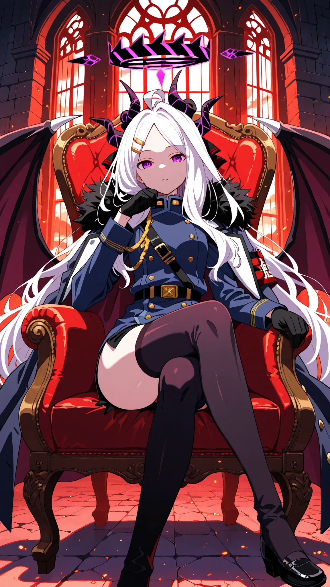 BREAK (masterpiece:1.2), best quality, high resolution, unity 8k wallpaper, (illustration:0.8),ultra-detailed anime-style dark castle, towering black stone walls covered in cracks and ancient carvings, massive spiked battlements disappearing into thick fog, deep shadows filling every arch and window, cold moonlight cutting through the mist with sharp contrast, heavy oppressive atmosphere, intricate gothic architecture, glowing faint runes etched into stone, wet ground reflecting pale light, swirling dark clouds above, subtle red embers drifting in the air, highly realistic textures, extreme contrast perfect for AMOLED, no people, cinematic and haunting, hina sorasaki, purple eyes, white hair, halo, ahoge, parted bangs, long hair, very long hair,armband, black gloves, coat, coat on shoulders, demon horns, demon wings, fur collar, gloves, hair ornament, horns, long coat, military uniform, miniskirt, multiple horns, side slit, thighhighs, uniform, wings, zettai ryouiki,smooth legs, gentle curves,cowboy shot,looking at viewer,sitting provocatively on a chair, dramatic shadows, seductive pose, detailed textures, elegant yet suggestive mood, 4k illustrationn,luxury chair,crossed legs,front shot