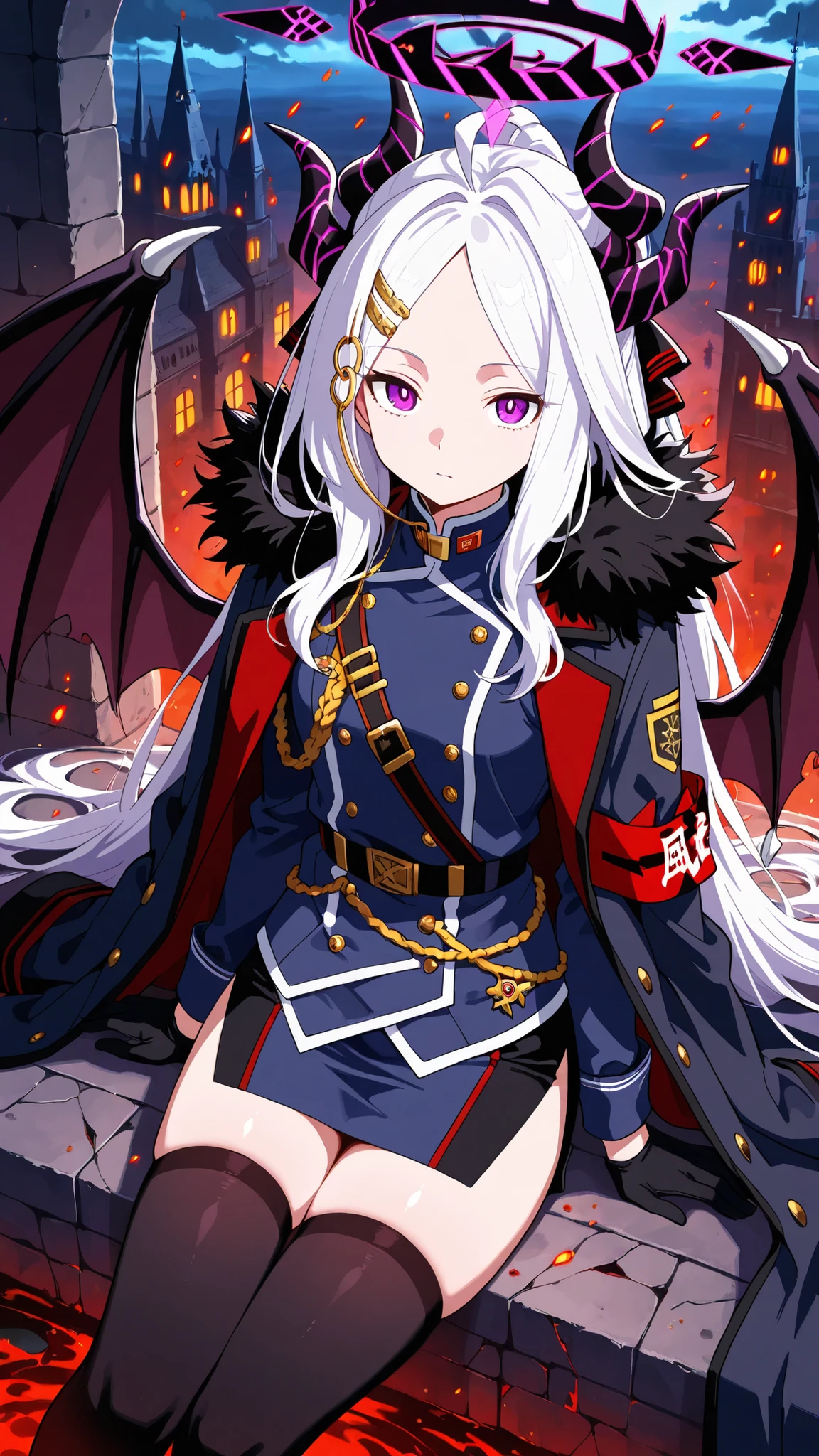 BREAK (masterpiece:1.2), best quality, high resolution, unity 8k wallpaper, (illustration:0.8),ultra-detailed anime-style dark castle, towering black stone walls covered in cracks and ancient carvings, massive spiked battlements disappearing into thick fog, deep shadows filling every arch and window, cold moonlight cutting through the mist with sharp contrast, heavy oppressive atmosphere, intricate gothic architecture, glowing faint runes etched into stone, wet ground reflecting pale light, swirling dark clouds above, subtle red embers drifting in the air, highly realistic textures, extreme contrast perfect for AMOLED, no people, cinematic and haunting, hina sorasaki, purple eyes, white hair, halo, ahoge, parted bangs, long hair, very long hair,armband, black gloves, coat, coat on shoulders, demon horns, demon wings, fur collar, gloves, hair ornament, horns, long coat, military uniform, miniskirt, multiple horns, side slit, thighhighs, uniform, wings, zettai ryouiki,smooth legs, gentle curves,cowboy shot,looking at viewer,sitting sensually, suggestive posture, leaning back with hands behind,ultra detailed, 4k,from above,