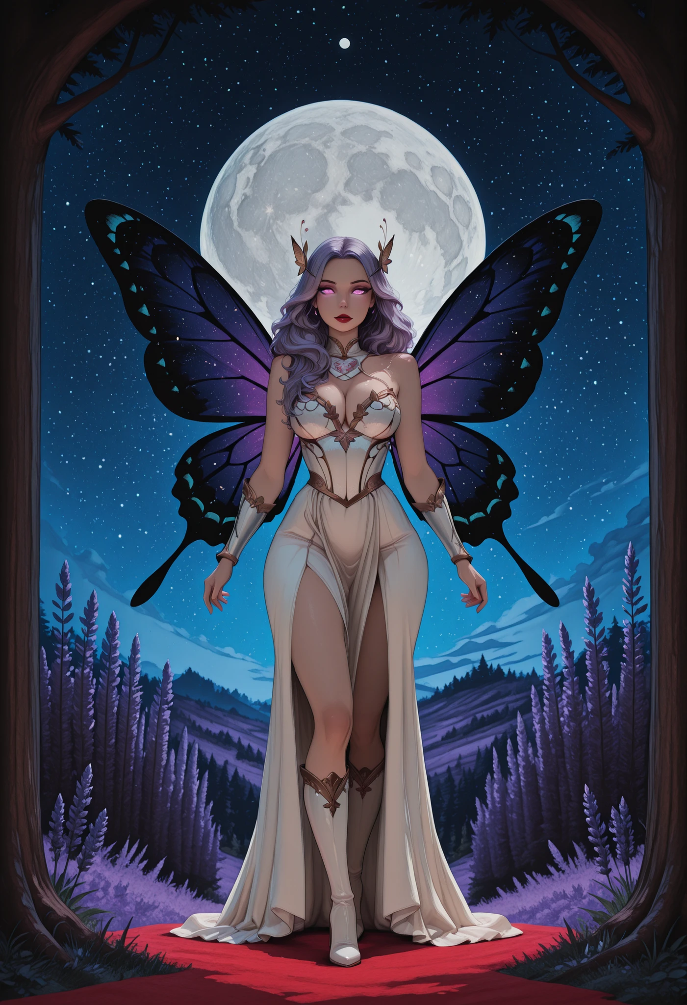 x3rno1a,aidmaMJ6.1,a picture of an exquisite beautiful female fairy standing under the starry night sky at the forest, ultra detailed face, ultra feminine, fare skin, lavender hair, wavy hair, dynamic eyes color, glowing eyes, intense eyes, red lips, wearing white armor dress, butterfly wings, wearing high heeled boots, sky full of stars background, moon, beat details, best quality, 8k, [ultra detailed], masterpiece, best quality, (ultra detailed), full body, ultra wide shot, photorealism, fantasy art,  Larry Elmore style,