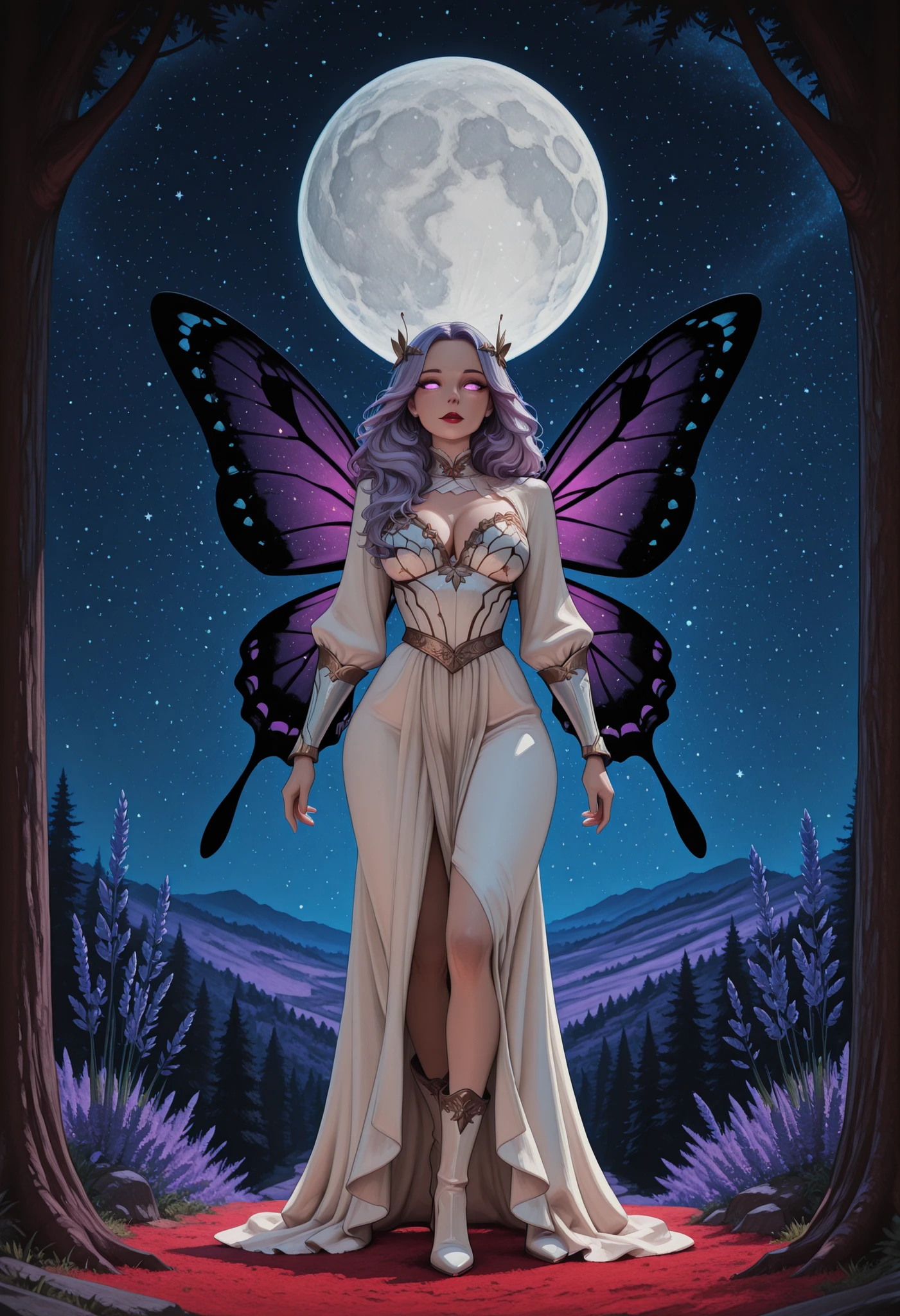x3rno1a,aidmaMJ6.1,a picture of an exquisite beautiful female fairy standing under the starry night sky at the forest, ultra detailed face, ultra feminine, fare skin, lavender hair, wavy hair, dynamic eyes color, glowing eyes, intense eyes, red lips, wearing white armor dress, butterfly wings, wearing high heeled boots, sky full of stars background, moon, beat details, best quality, 8k, [ultra detailed], masterpiece, best quality, (ultra detailed), full body, ultra wide shot, photorealism, fantasy art,  Larry Elmore style,