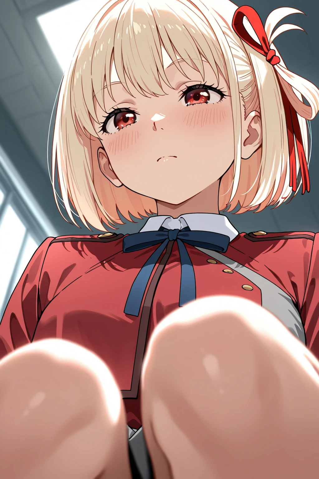 score_9, score_8_up, score_7_up, source_anime,1girls,chisato nishikigi, short hair, bangs, blonde hair, red eyes, hair ribbon, one side up, bob cut, smile, shirt, long sleeves, dress, ribbon, white shirt, collared shirt, belt, neck ribbon, ((red dress)), blue ribbon, pleated dress, grey dress, two-tone dress, red belt, lycoris uniform, large breasts, half updo, japanese style room, tatami, futon, night, 1boy, , , , one eye closed,  smile, steam, sound effects, , motion lines, motion blur, trembling, pov, 