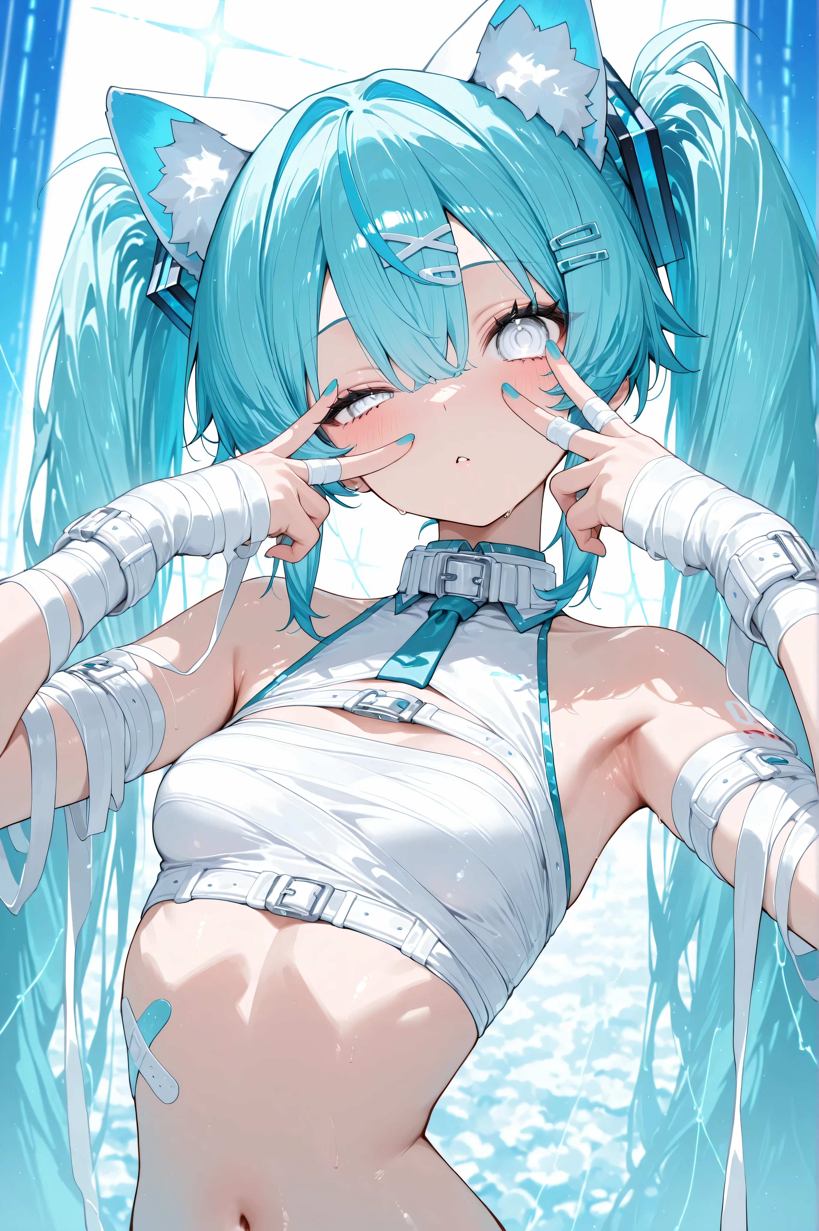 top quality、Ultimate Details、1 girl、Hatsune Miku、Blue hair main、large center part、tingling texture、thread、clear eyes、 white eyes、X in the eye、Cool Gaze、 Sharp-looking、pretty profile、Dancing in the Wind、The background is blue、dynamic angle、Upper Body Shots、high image quality、8k resolution、Studio Animation、high contrast、Best Aesthetics、thin waist、twin tails、Futuristic white and blue above the chest - food、hide one eye with hair、 razor hair clip、bandages on hands、fluffy white cat ears