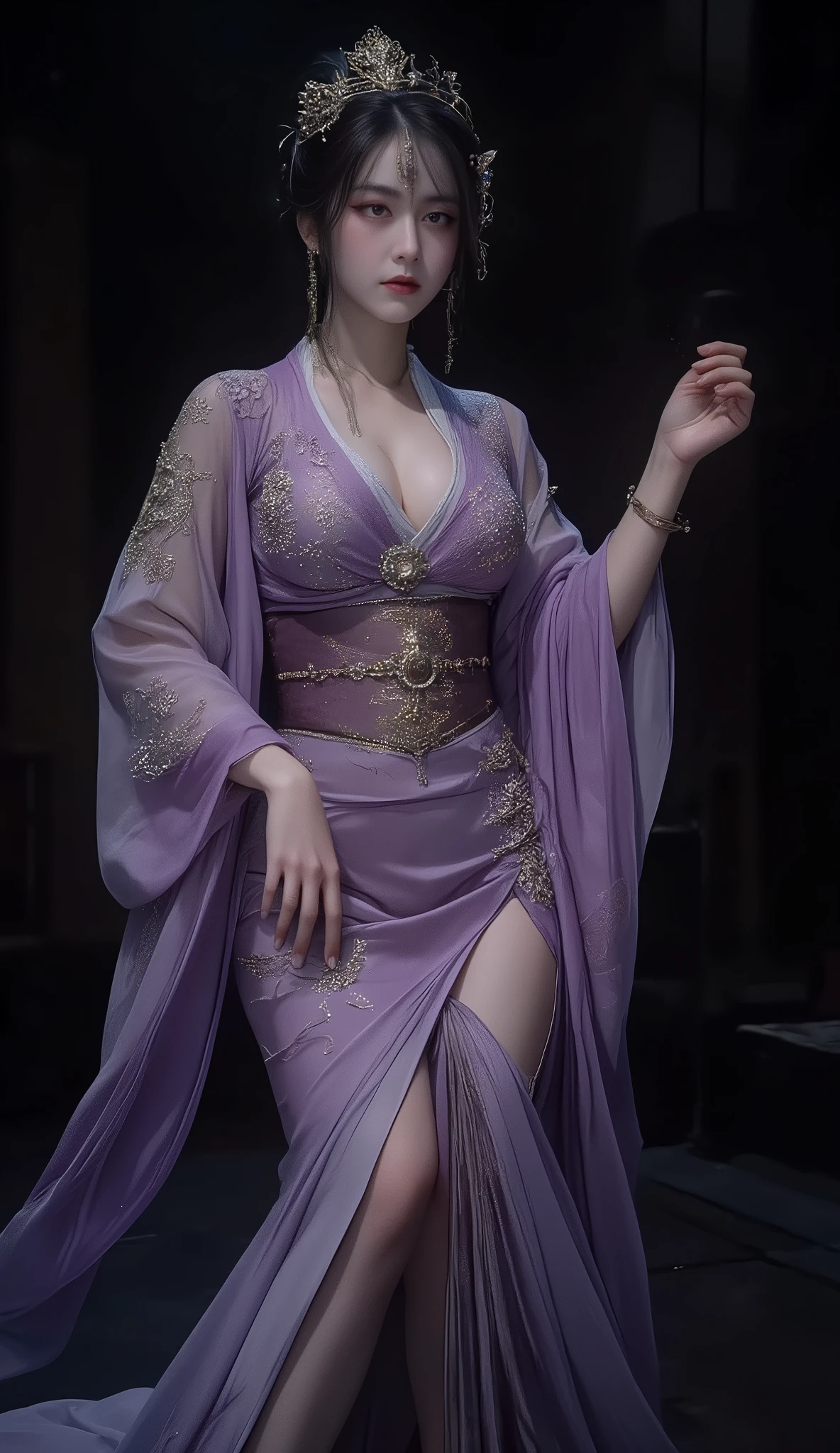 score_9, score_8_up, score_7_up, Source_ ,rating safe, reality skin, (8k、Greatest Masterpiece、top quality、High Resolution、nsfw)、cowboy shot、(Hold hands in POV)、Young Japanese stage actress、purple kimono , solo、with an uneasy smile、Extend your right hand、(((autocorrect detail accurate hands and fingers)))、Luxurious and glamorous stage costumes、Perfect Stage Makeup、stage sleeve、soft stage lighting leaks