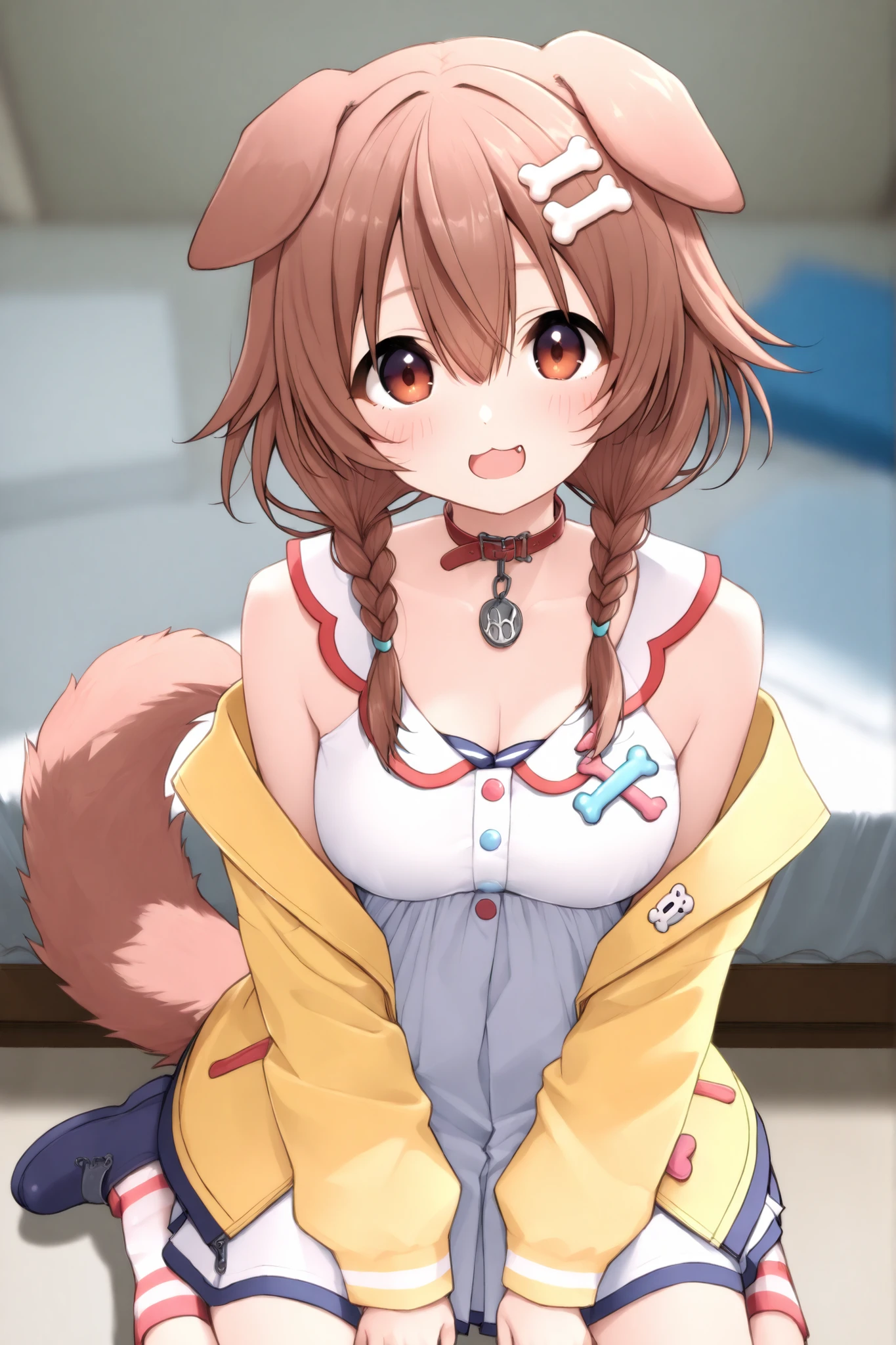 高品質, 傑作, 超高解像度,1 girl,korone_base, yellow jacket, white shoulder, animal collar, low twin braids, bone hair ornament, dog tail,かわいい笑顔,大胆なポーズ,神聖な雰囲気