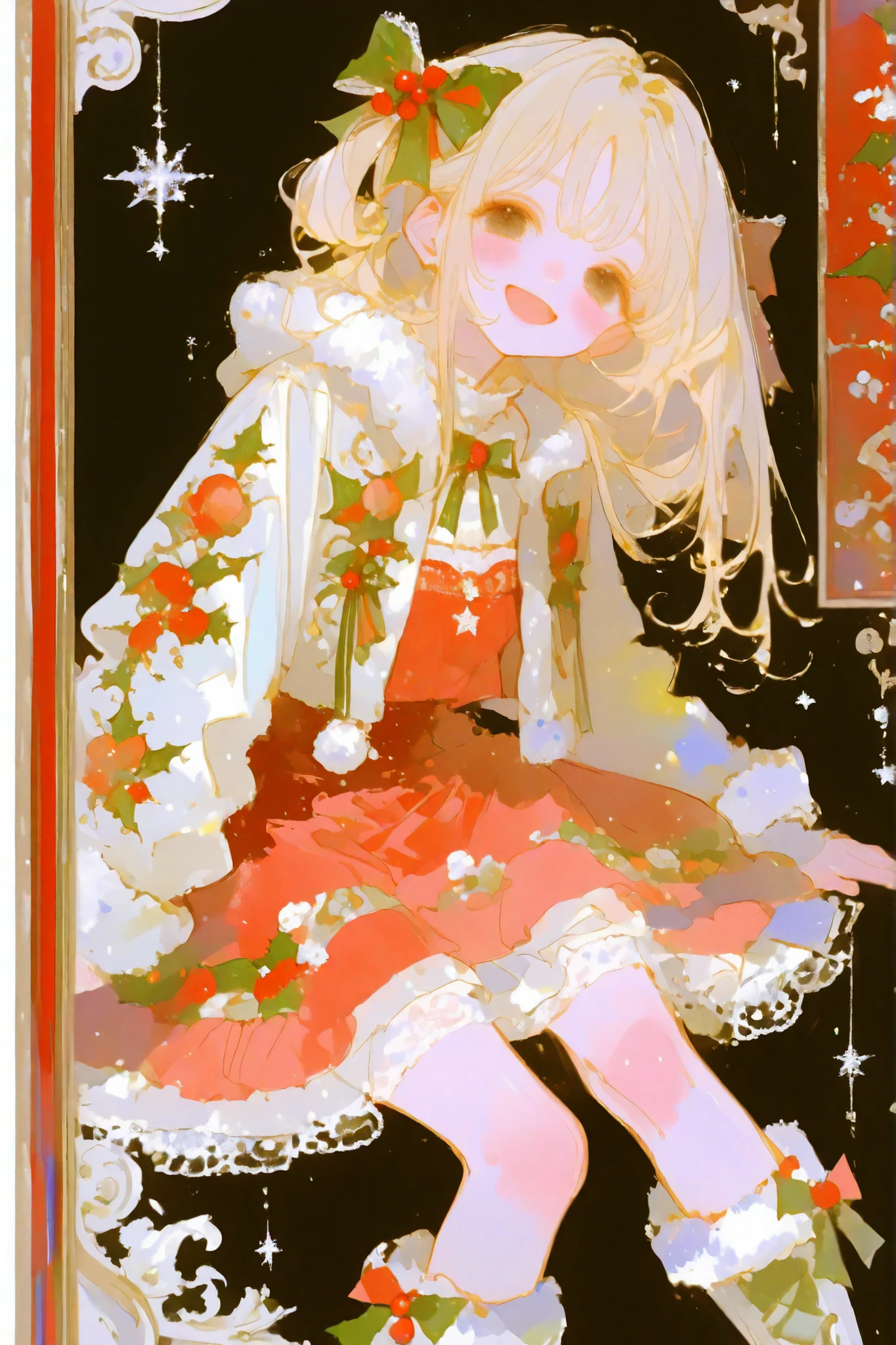 thin lines, thin colors, watercolor, colorful, fantasy, (looking viewer :1.5), christmas theme,
1 girl, solo, blonde hair, long hair, black eyes, blush stickers, smiling, mouth open, long sleeves, hair accessory, hair bow, short boots, fur trimmed boots, red chinese dress, flared skirt, lots of frills, skirt with overlapping frills, short skirt in front, long skirt in back, detailed embroidery, botanical pattern, white bolero, fur trimmed top, short jacket, green bow, hair bells, holly,
masterpiece, super detailed skin, high quality, 8K, (detailed beautiful face and eyes:1.5), elaborately designed clothes, intricately embroidered clothing, intricate textures,