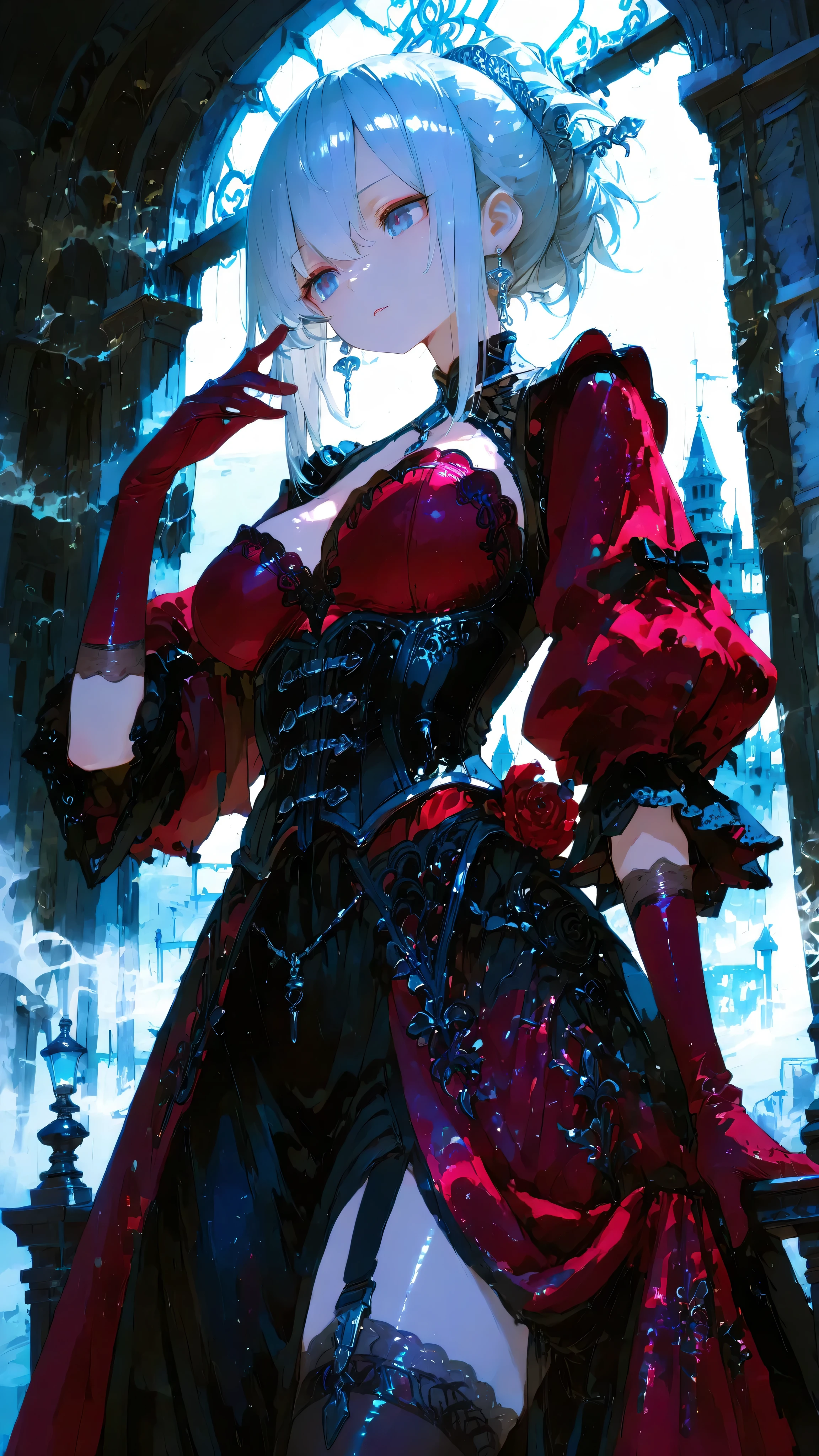masterpiece、8K、A beautiful woman with a sophisticated silver ponytail tied high、that exudes timeless elegance。 she says 肘まで届くような豪華な深い（burgundy-colored velvet gloves）Wearing。Her gaze is full of confidence、Suggesting inner strength。 she says 、intricate detail、corset-shaped bodice、voluminous skirt that reaches the elbow、Rich flowing（dark fantasy style made of velvet and lace The gown） Wearing expression 。a style that adds modern strength to gothic elegance。The stage is the ruins of a mysterious old castle at dusk、contains dramatic, moody lighting and mysterious fog。