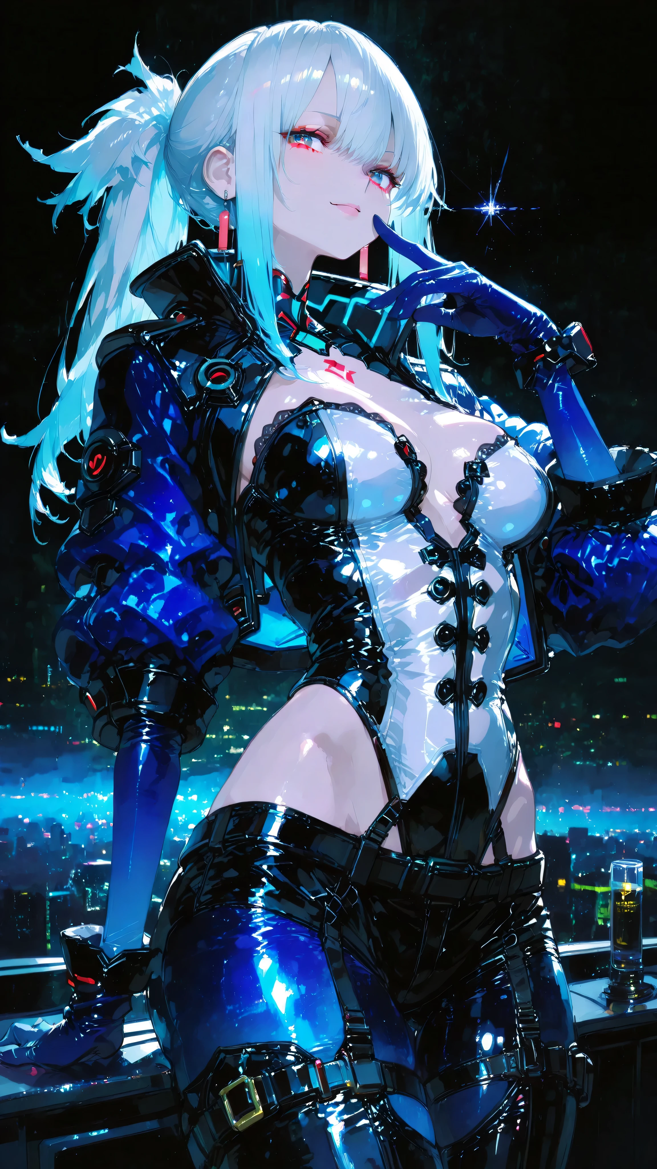masterpiece、8K、Cyberpunk Night image、A beautiful woman with a sophisticated silver ponytail tied high、have a brilliant pose full of confidence。 she says (Midnight blue velvet gloves)with many、those gloves are sophisticated and highlight her strength。Her gaze is sharp、clearly suggest inner strength and elegance。 she says 、perfectly tailored(midnight blue velvet powersuit)I wear、feature sharp lines and sophisticated silhouettes、have modern strength and elegance。have a background of a high-rise office or city night scene、they are stylish and highlight her strength {x} they are cool and sophisticated The atmosphere that was created enhances her presence。
