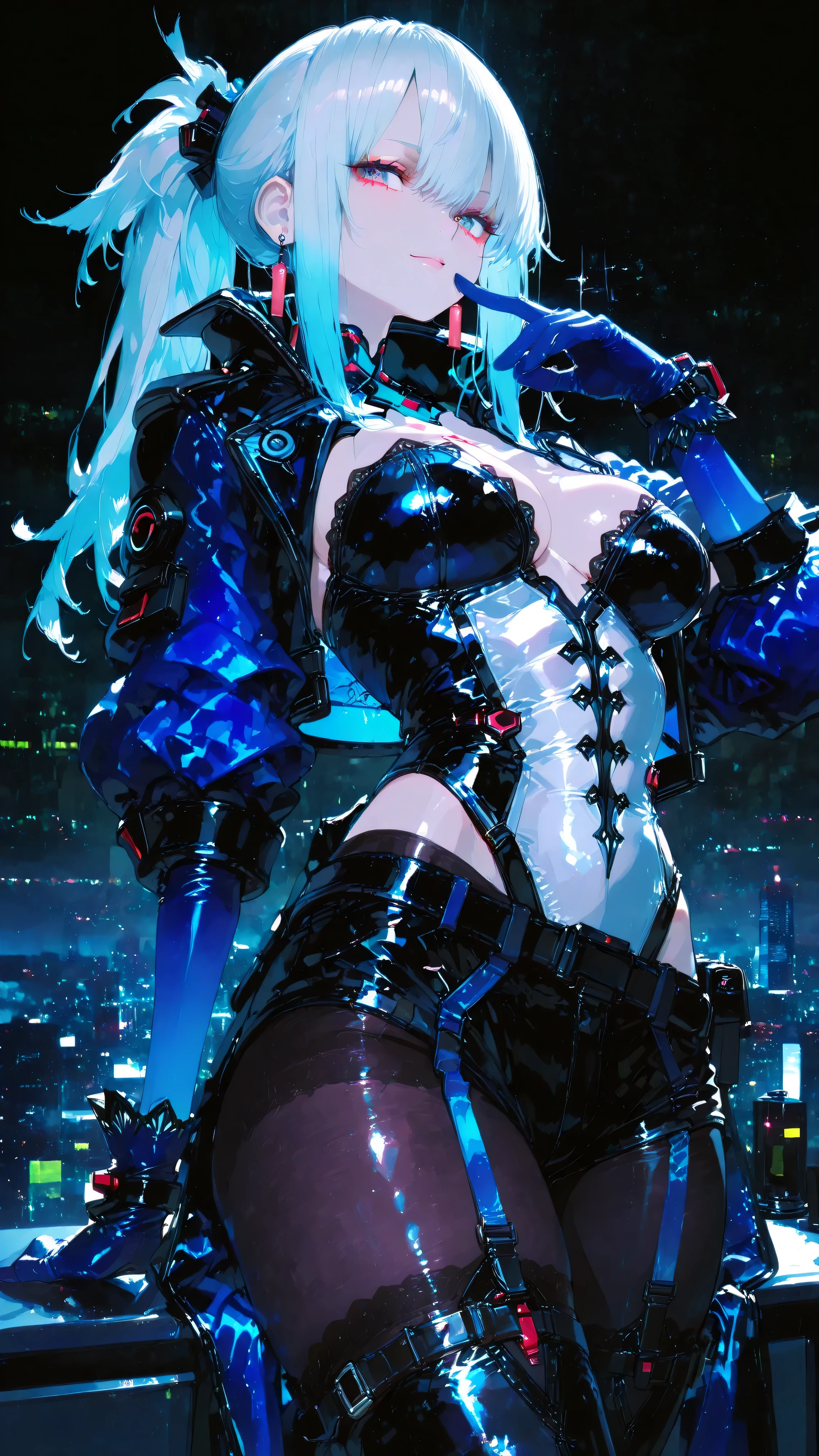 masterpiece、8K、Cyberpunk Night image、A beautiful woman with a sophisticated silver ponytail tied high、have a brilliant pose full of confidence。 she says (Midnight blue velvet gloves)with many、those gloves are sophisticated and highlight her strength。Her gaze is sharp、clearly suggest inner strength and elegance。 she says 、perfectly tailored(midnight blue velvet powersuit)I wear、feature sharp lines and sophisticated silhouettes、have modern strength and elegance。have a background of a high-rise office or city night scene、they are stylish and highlight her strength {x} they are cool and sophisticated The atmosphere that was created enhances her presence。