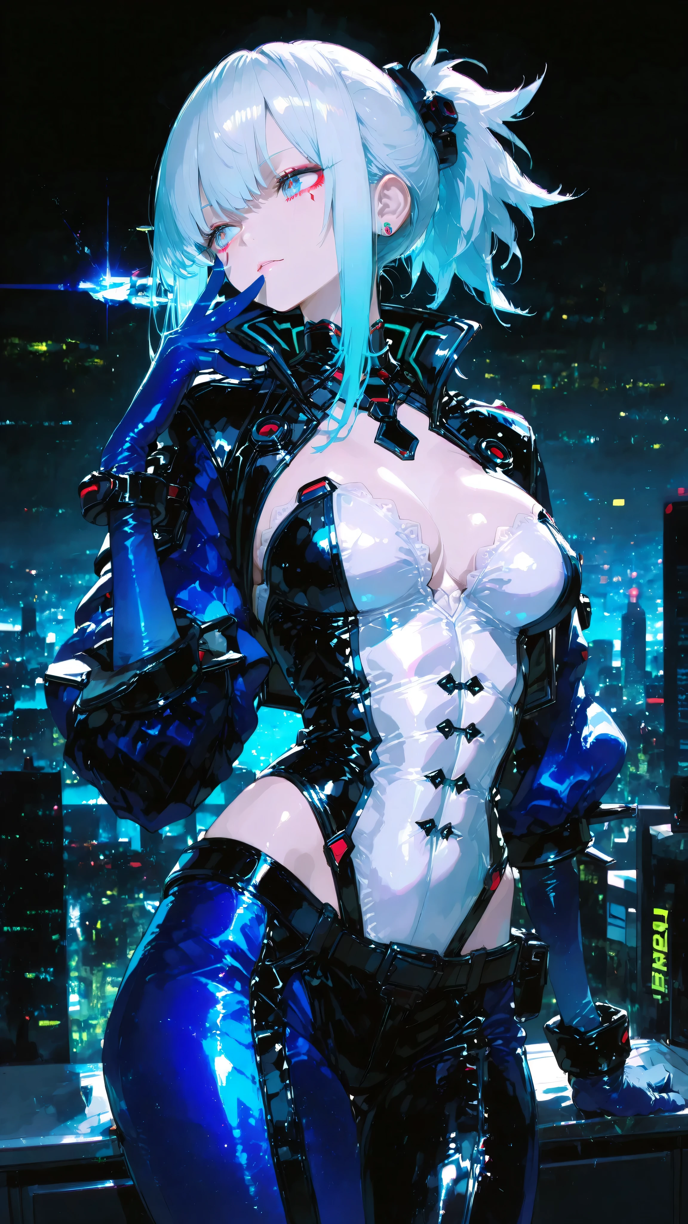 masterpiece、8K、Cyberpunk Night image、A beautiful woman with a sophisticated silver ponytail tied high、have a brilliant pose full of confidence。 she says (Midnight blue velvet gloves)with many、those gloves are sophisticated and highlight her strength。Her gaze is sharp、clearly suggest inner strength and elegance。 she says 、perfectly tailored(midnight blue velvet powersuit)I wear、feature sharp lines and sophisticated silhouettes、have modern strength and elegance。have a background of a high-rise office or city night scene、they are stylish and highlight her strength {x} they are cool and sophisticated The atmosphere that was created enhances her presence。