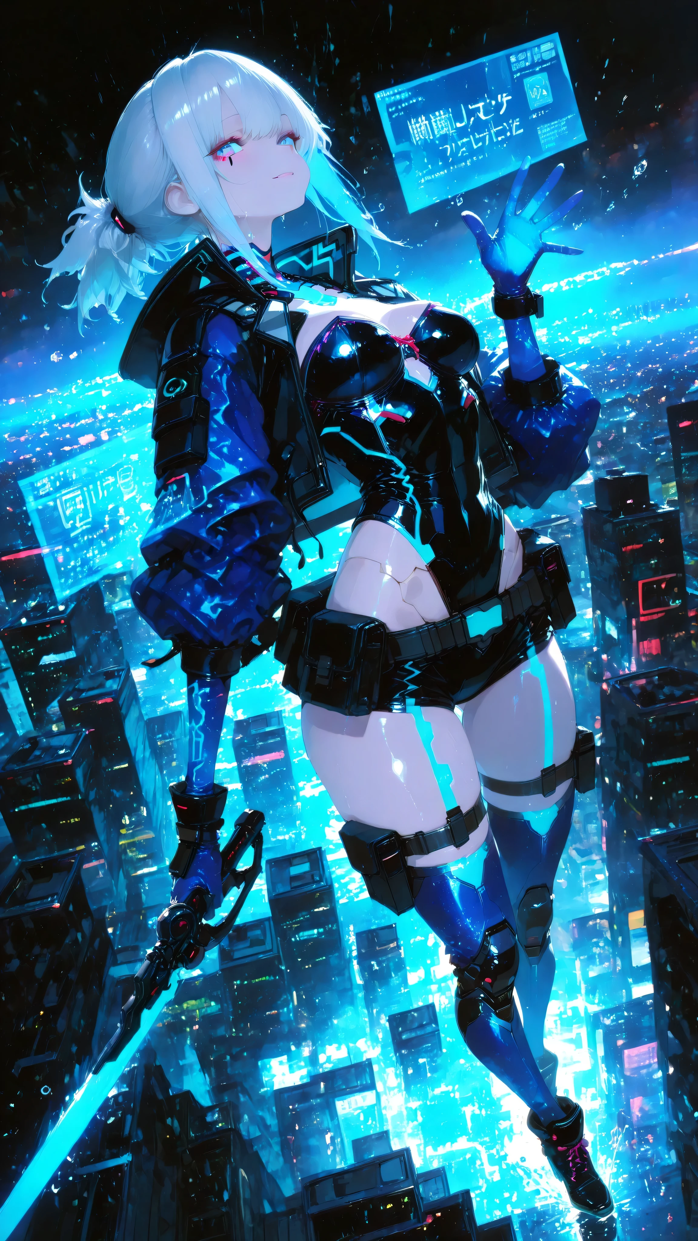 masterpiece、8K、**and has futuristic defense**Cyberpunk Future Night。the luminous accent on the joints blinks with movement、**waving a hologram blade、night view of a cyberpunk city where neon is violently reflected、Intense Action Poses**angle of view that weighs approximately 52。stained with dust and blood、flowing movements。 she says **A beautiful woman with a sophisticated silver ponytail tied high {x} Midnight blue velvet gloves that combine functionality and luxury**with many、a circuit that emits light in response to intense movement Pattern、The moment she jumps through the air。Her gaze is sharp、clearly suggest inner strength and elegance。 she says 、perfectly tailored**midnight blue velvet powersuit**I wear、Sharp Lines and Sophisticated Silhouettes、and**partial cyber armor that fits the、body captured from a dynamic angle and**が特徴in、Modern strength and elegance、and未来的な防御力を兼ね備えている。Background**raindrops scatter briskly and bring、Those gloves are sophisticated and highlight her strength**in、Holographic Advertisements Fly Through Skyscrapers、クールin危険な雰囲気が彼女の**dynamism and action**を極限まin引き立てている。