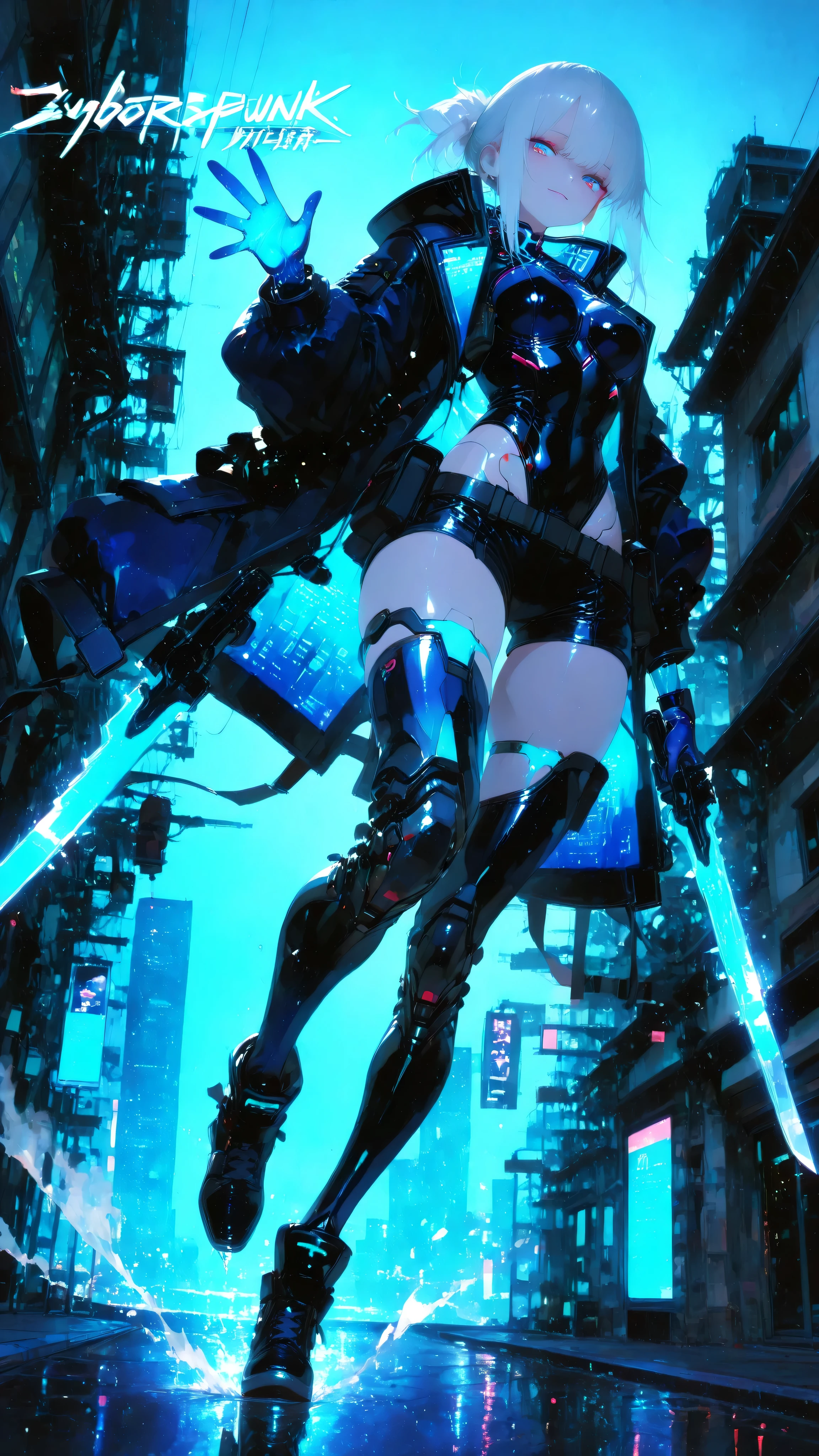 masterpiece、8K、**and has futuristic defense**Cyberpunk Future Night。the luminous accent on the joints blinks with movement、**waving a hologram blade、night view of a cyberpunk city where neon is violently reflected、Intense Action Poses**angle of view that weighs approximately 52。stained with dust and blood、flowing movements。 she says **A beautiful woman with a sophisticated silver ponytail tied high {x} Midnight blue velvet gloves that combine functionality and luxury**with many、a circuit that emits light in response to intense movement Pattern、The moment she jumps through the air。Her gaze is sharp、clearly suggest inner strength and elegance。 she says 、perfectly tailored**midnight blue velvet powersuit**I wear、Sharp Lines and Sophisticated Silhouettes、and**partial cyber armor that fits the、body captured from a dynamic angle and**が特徴in、Modern strength and elegance、and未来的な防御力を兼ね備えている。Background**raindrops scatter briskly and bring、Those gloves are sophisticated and highlight her strength**in、Holographic Advertisements Fly Through Skyscrapers、クールin危険な雰囲気が彼女の**dynamism and action**を極限まin引き立てている。