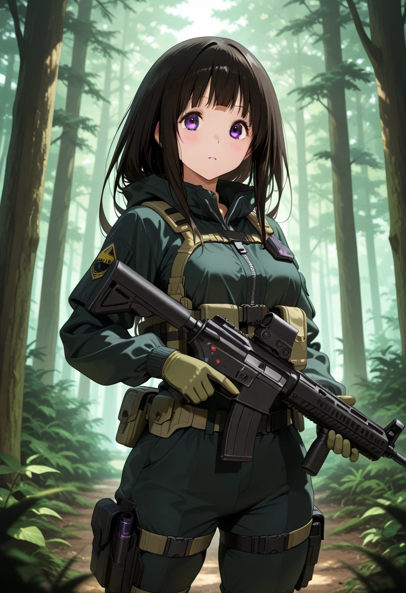 femme solo、cheveux longs、yeux bleus、gros seins pleins、militaire、Veste tactique noire、porte-plaques、dans les bois、actionpose、fusil m4a1 détaillé、pantalon cargo、sac à dos、qualité d'image de haut niveau、Qualité d'image 8K、haute qualité、très détaillé