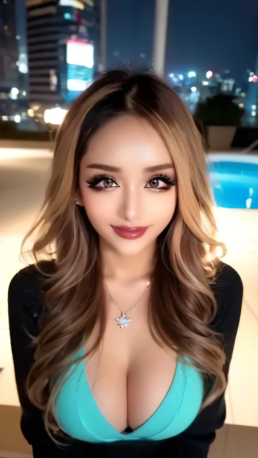( cowboy shooting、  top quality、8k、16k、  Award-winning works  、  super high resolution)、  beautiful woman、(   black sweater   ,  cleavage:1.1)、Perfect 、( blonde alone :1.1)、  bright color contacts  、Perfect gal makeup、Bright glossy lipstick、(  Very Heavy Women's Makeup :1.2)、(   dark brown beige around the eyes   :1.1)、   Beautiful Bright Eye Shadow   、  Dark Makeup Around Eyes  、(:1.2)、  super long wavy hair  、(Romantic affection:1.1)、  the best smile when he sees me  、(  many people highlight the lines of the body ..:1.trongly blurred、  Vivid image with a luxury hotel night pool in the background:1.1)、(  Clear image with a strong blurry background :1.1)、  accurate 、  ultra HD hair、(  super high resolutionの完璧な美しい歯:1.1)、Ultra high definition beautiful face 、  ultra HD hair、  crystal clear bang 、Ultra HD Shining Eyes、輝く  super high resolutionの美肌、  super high resolutionの艶やかな唇、  Harry Winston necklace   