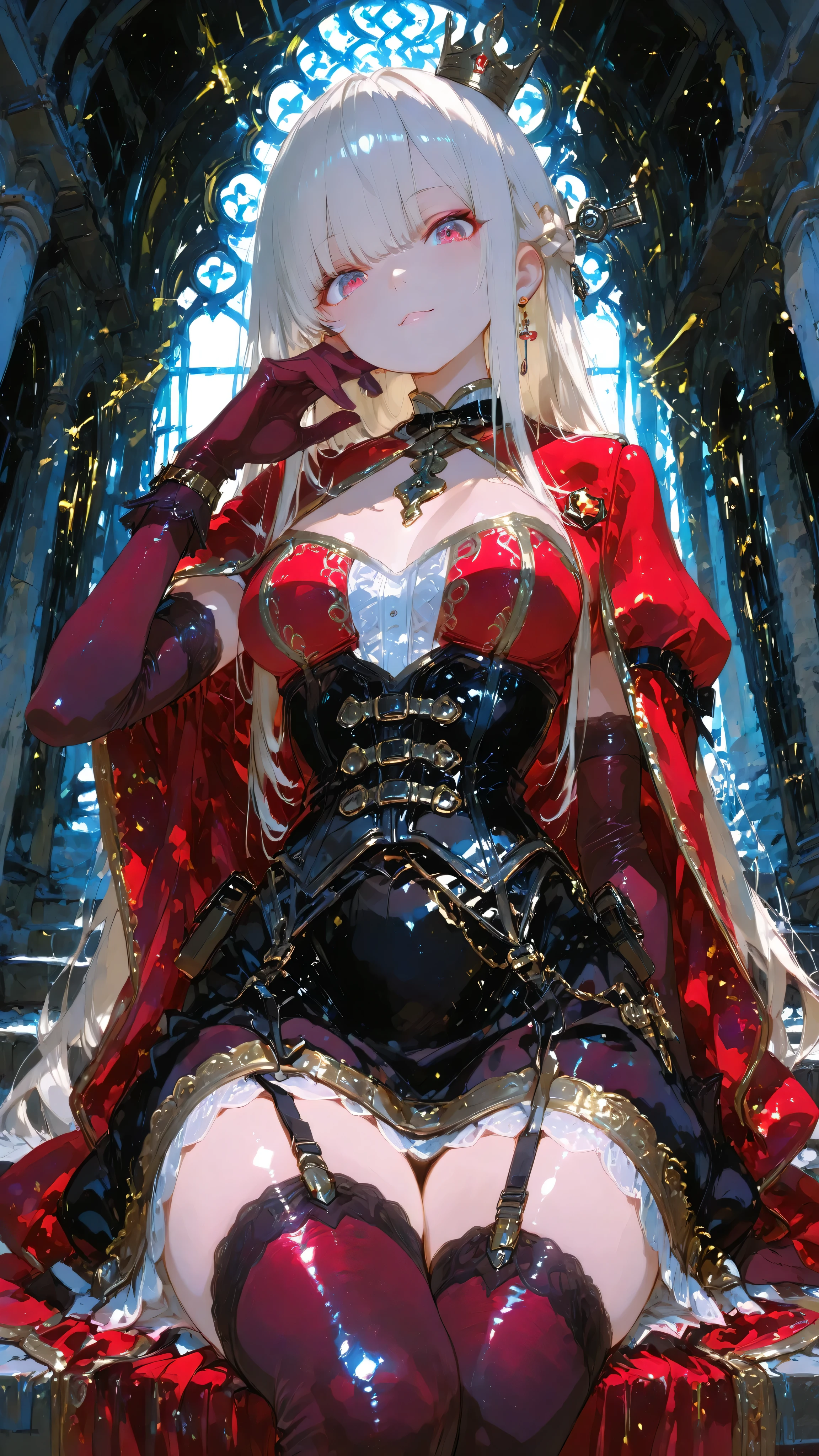 masterpiece、8K、the luminous accent on the joints blinks with movement、**Silhouettes of other social participants in the distance、hits like a spotlight**angle of view that weighs approximately 52。 she says 肘まin届くような豪華な深い((burgundy-colored velvet gloves))with many、その手元は優雅な仕草in表現されている。Her gaze is full of confidence、suggests inner strength yet、it has a determination to face the first big stage。 she says 、intricate detail、corset-shaped bodice、voluminous skirt that reaches the elbow、Rich flowing((ベルベットとレースin作られたダークファンタジー風のガウン)) Wearing expression 。renovated the ruins of a mysterious old castle at dusk、**is exactly the leading style**inある。The stage is**it has hidden determination to face the first big stage、A luxurious place to socialize**in、ドラマティックinムーディーな照明が彼女に**it hits like a spotlight**、poses full of dignity and elegance、**Dramatic and moody lighting to her**holes in my nose。This magnificent scene、assuming her presence and**the moment of historic debut**, making。