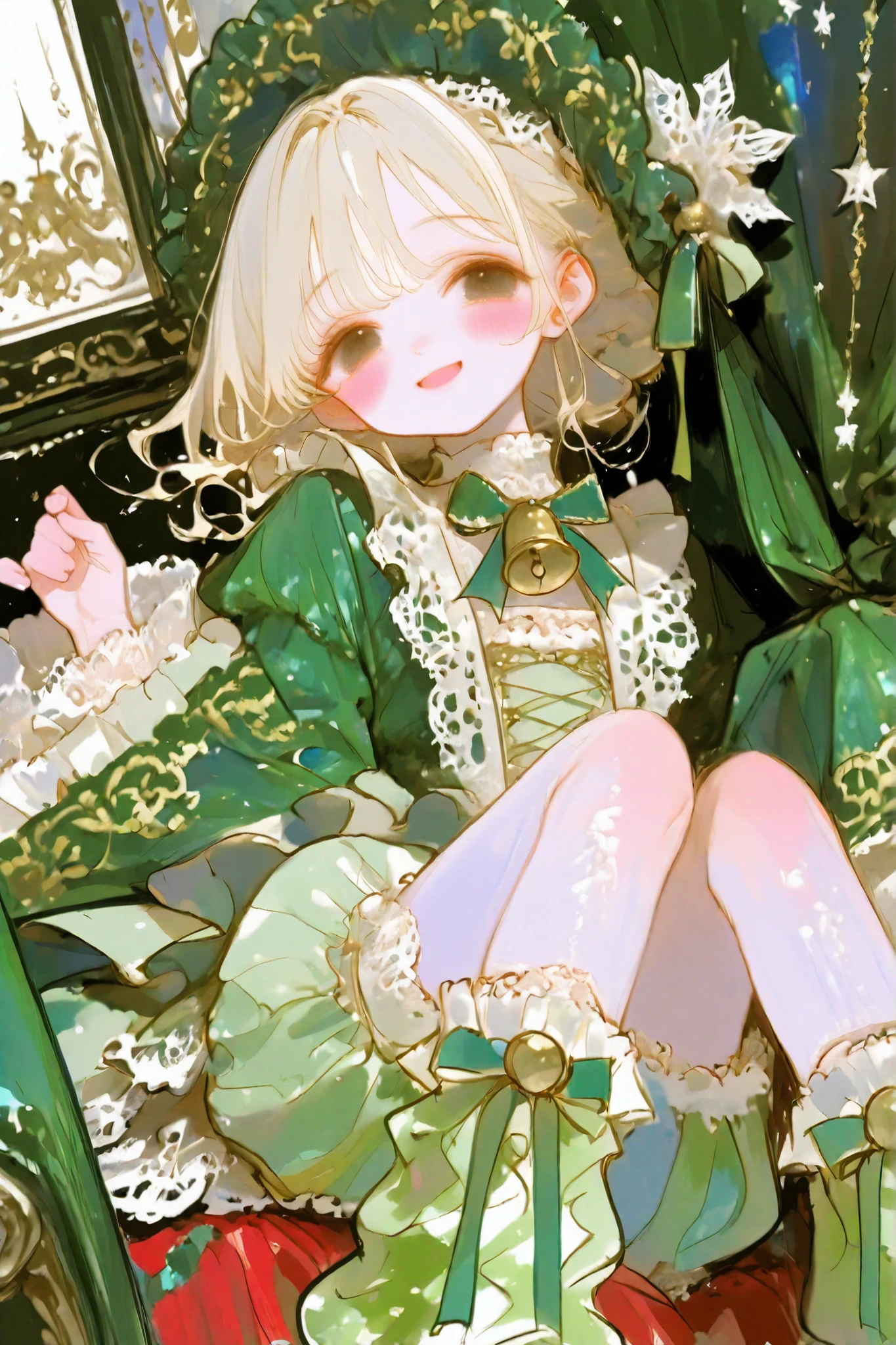 thin lines, thin colors, watercolor, colorful, fantasy, (looking viewer :1.5), christmas theme,
1 girl, solo, blonde hair, black eyes, blush stickers, smiling, mouth open, The main piece is a luxurious red velvet dress, likely with a subtle sheen, featuring an oversized hood. The wide, bell-shaped sleeves are decorated with layers of intricate antique ivory lace and delicate ruffles. The dress is embellished with cream lace, ruffles, The velvet is adorned with thin green chains and decorative elements. The skirt reveals puffy, gathered cream lace shorts. puffy shorts, Frilly green ankle socks or leg warmers with lace trim are paired with elegant dark shoes. The look is luxurious, mysterious, and highly detailed.
masterpiece, super detailed skin, high quality, 8K, (detailed beautiful face and eyes:1.5), elaborately designed clothes, intricately embroidered clothing, intricate textures,
