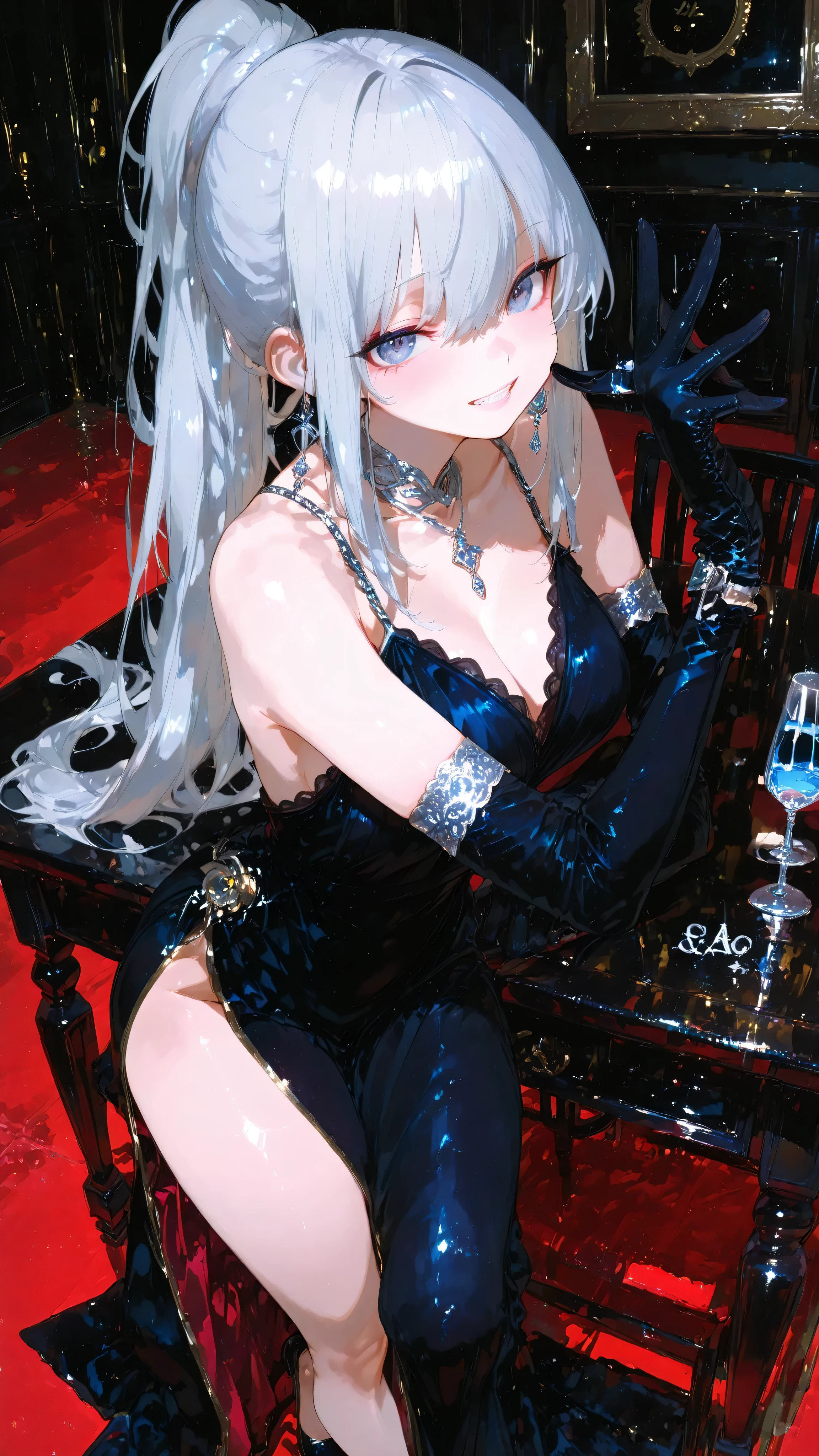 masterpiece、8K、A beautiful woman with a sophisticated silver ponytail tied high、 a very elegant and refined pose, angle of view that weighs approximately 52。彼女teeth a luxurious glove reaches down to the elbow on one arm, ((near the bottom of the table))with many、 the other hand elegantly pulls the glove down at the wrist, 、The glove slides down to the wrist, 、 a dramatic moment as the fingertips begin to reveal, is。手袋のベルベット生地teeth脱ぎかけの部分で柔らかくしわが寄り、 highlighting its texture and movement, 。HerSTRAUD WITH A STRAPteeth、 in sync with the gaze focused on the hand, 、clearly suggest inner strength and elegance。彼女teeth床に届く長さの洗練された((black velvet evening dress))A beautiful woman wearing、modestly draped、exudes timeless elegance。背景teeth薄暗い豪華な舞踏会で、柔らかくドラマティックな照明がHerシルエットと a luxurious velvet glove is halfway removed, very  and elegant pose。