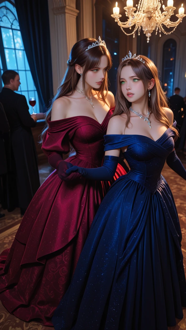 ((Highest quality、8k、masterpiece:1.3))、((Photorealistic、Perfect body line:1.4))、((2 super beautiful woman、Two Women:1.3))、((Highly detailed face, skin texture and beautiful eyes、Highlight of light-colored eyes、Light shines in the eyes:1.4))、((She has a well-proportioned body like a gravure idol and very large breasts.、Super long curly hair, brownish in color almost blonde:1.3))、((A super sexy long dress in blue and red with a pattern made of super thin and tight velour material.、Slit in dress:1.3))、((tiara、Stylish arm ring、Jewels and luxurious decorations:1.1))、((Super beautiful, translucent skin:1.3))、((Flashy gal-style makeup:1.2))、((The interior of a luxurious restaurant、The two of them are sitting in luxurious chairs:1.3))、((One in a red dress and the other in a blue dress:1.3))