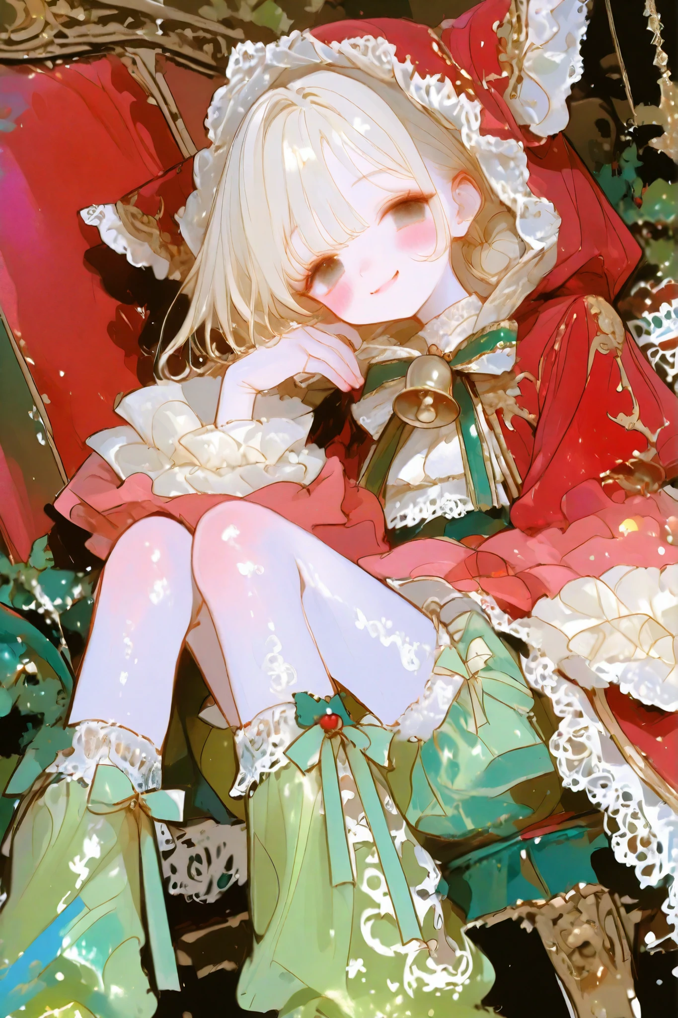 thin lines, thin colors, watercolor, colorful, fantasy, (looking viewer :1.5), christmas theme,
1 girl, solo, blonde hair, black eyes, blush stickers, smiling, mouth open, (The main piece is a luxurious red velvet dress :1.2), likely with a subtle sheen, featuring an oversized hood. The wide, bell-shaped sleeves are decorated with layers of intricate antique ivory lace and delicate ruffles. The dress is embellished with cream lace, ruffles, The velvet is adorned with thin green chains and decorative elements. The skirt reveals puffy, gathered cream lace shorts. puffy shorts, Frilly green ankle socks or leg warmers with lace trim are paired with elegant dark shoes. The look is luxurious, mysterious, and highly detailed.
masterpiece, super detailed skin, high quality, 8K, (detailed beautiful face and eyes:1.5), elaborately designed clothes, intricately embroidered clothing, intricate textures,