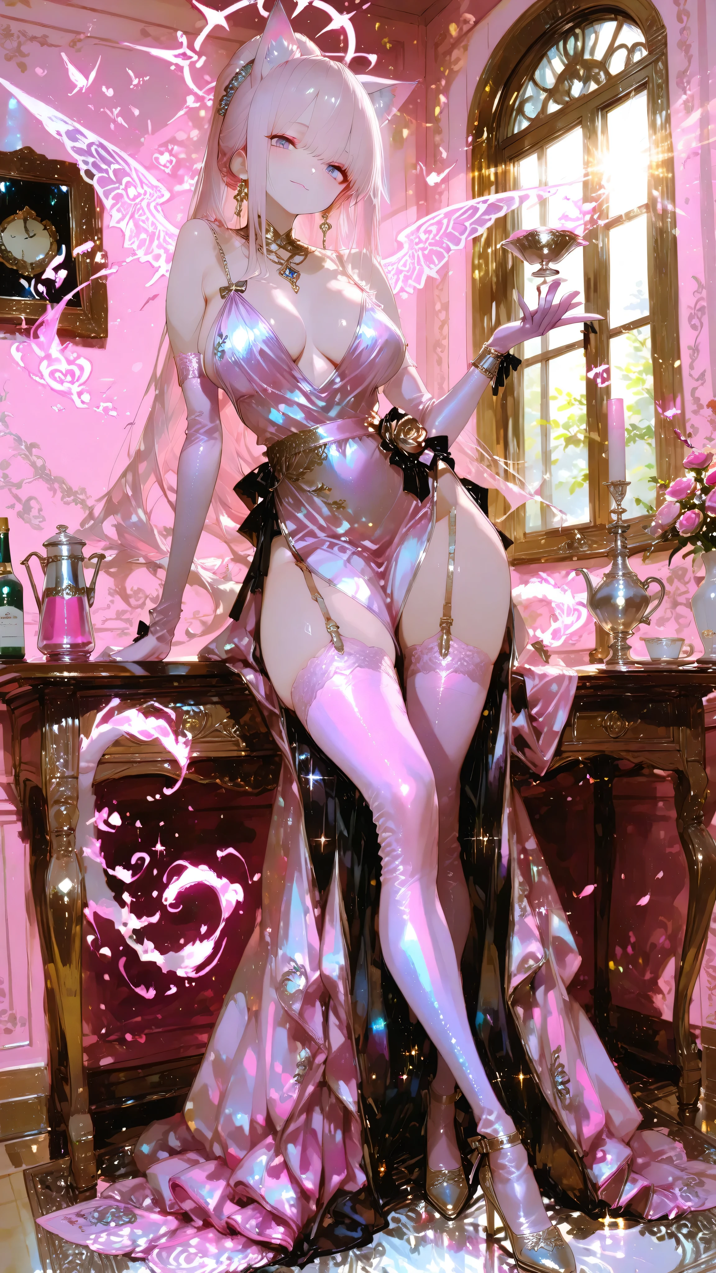 masterpiece、8K、Another beautiful cat eared beast with an ecstatic expression can be seen in the background {x} x} A beautiful woman with a sophisticated silver ponytail tied high and graceful cat ears、very enchanting、poses with hidden magical powers、 she says （ a luxurious glove reaches down to the elbow on one arm, ((pale pink velvet gloves with magical powers))Wear、those gloves give off a slightly mystical light。velvet gloves that harbor magical powers、velvet gloves have the power to captivate her。moderately sized  with a friend、Beautiful legs、stockings
、pale pink velvet The fabric sags fascinatingly at the wrist、their soft folds（Pleats）of length to reach has rich texture。STRAUD WITH A STRAP、hands that have begun to be exposed、slightly  emotion、届く長さの、（a soft ivory or champagne gold silk evening dress）、modestly draped、Background（Antique Furniture、Gorgeous flowers々、pale pink velvet gloves with delicate tea sets、glamorous tea party venue bathed in sunlight）、this fantastic social gathering（Large sagging、pink velvet gloves that give off a mysterious glow）The luxurious texture of、this fantastic and magical place to socialize