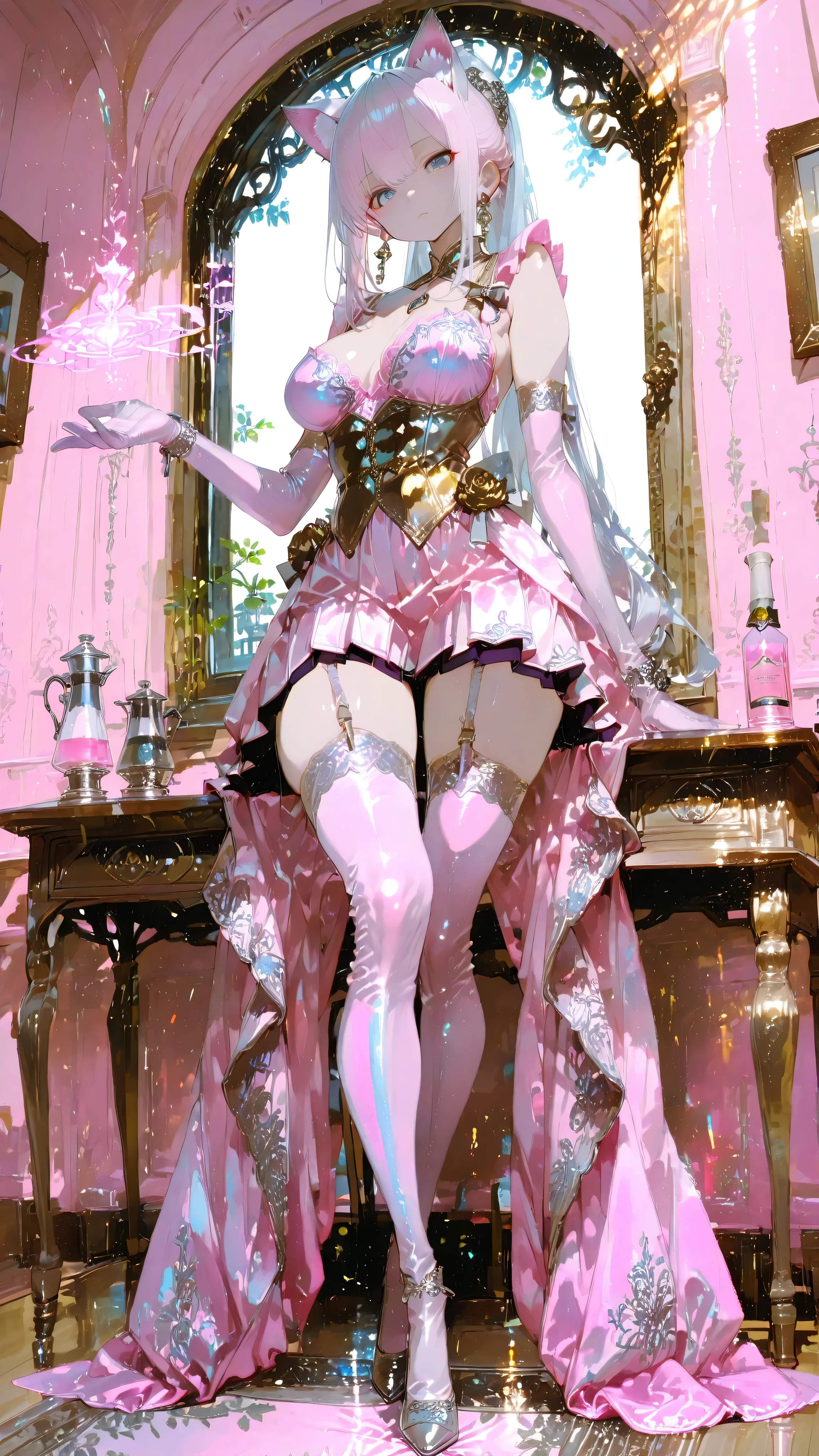 masterpiece、8K、sophisticated silver ponytail tied high and graceful cat ears、very enchanting、poses with hidden magical powers、 she says ( a luxurious glove reaches down to the elbow on one arm, ((pale pink velvet gloves with magical powers))Wear、those gloves give off a slightly mystical light。velvet gloves that harbor magical powers、velvet gloves have the power to captivate her。moderately sized with a friend、Beautiful legs、stockings
、pale pink velvet The fabric sags fascinatingly at the wrist、their soft folds(Pleats)of length to reach has rich texture。STRAUD WITH A STRAP、hands that have begun to be exposed、slightly emotion、A beautiful woman with a long、(soft ivory or champagne gold silk princess dress)、modestly draped、Background(Antique Furniture、Gorgeous flowers々、pale pink velvet gloves with delicate tea sets、glamorous tea party venue bathed in sunlight)、this fantastic social gathering(Large sagging、pink velvet gloves that give off a mysterious glow)The luxurious texture of、this fantastic and magical place to socialize