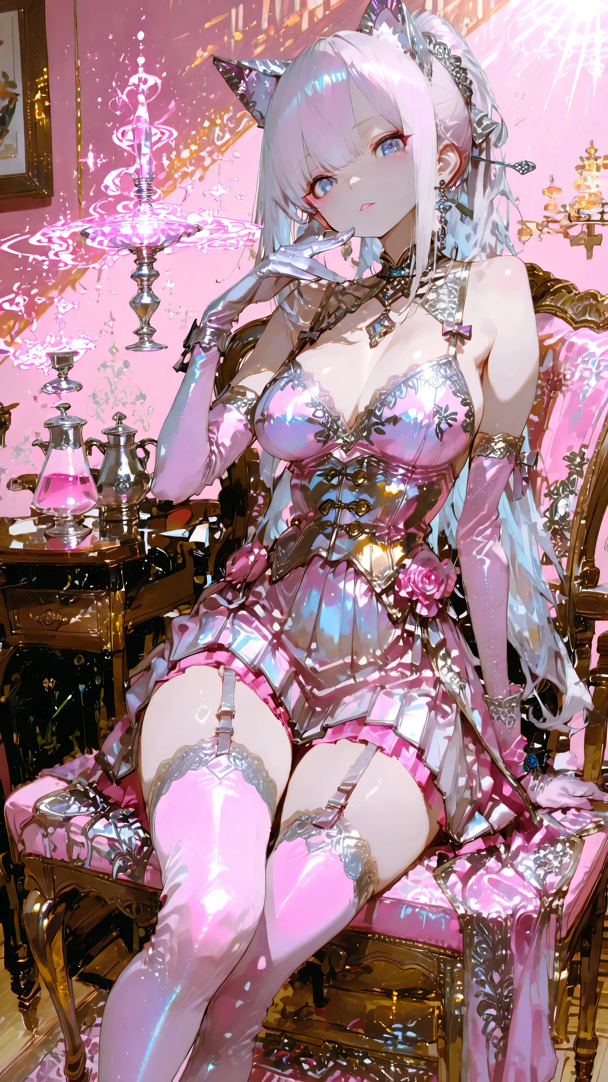 masterpiece、8K、sophisticated silver ponytail tied high and graceful cat ears、very enchanting、poses with hidden magical powers、 she says ( a luxurious glove reaches down to the elbow on one arm, ((pale pink velvet gloves with magical powers))Wear、those gloves give off a slightly mystical light。velvet gloves that harbor magical powers、velvet gloves have the power to captivate her。moderately sized with a friend、Beautiful legs、stockings
、pale pink velvet The fabric sags fascinatingly at the wrist、their soft folds(Pleats)of length to reach has rich texture。STRAUD WITH A STRAP、hands that have begun to be exposed、slightly emotion、A beautiful woman with a long、(Made of soft ivory or champagne gold silk
A-line dresses)、modestly draped、Background(Antique Furniture、Gorgeous flowers々、pale pink velvet gloves with delicate tea sets、glamorous tea party venue bathed in sunlight)、this fantastic social gathering(Large sagging、pink velvet gloves that give off a mysterious glow)The luxurious texture of、this fantastic and magical place to socialize