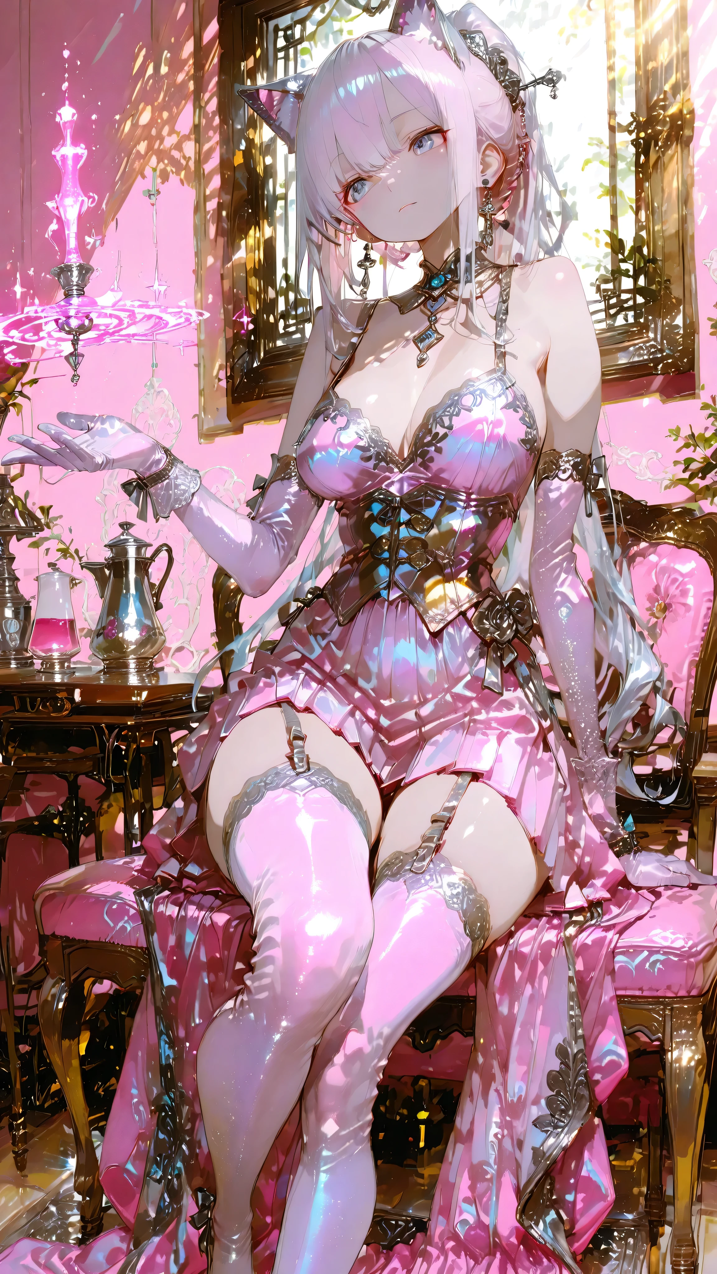 masterpiece、8K、sophisticated silver ponytail tied high and graceful cat ears、very enchanting、poses with hidden magical powers、 she says ( a luxurious glove reaches down to the elbow on one arm, ((pale pink velvet gloves with magical powers))Wear、those gloves give off a slightly mystical light。velvet gloves that harbor magical powers、velvet gloves have the power to captivate her。moderately sized with a friend、Beautiful legs、stockings
、pale pink velvet The fabric sags fascinatingly at the wrist、their soft folds(Pleats)of length to reach has rich texture。STRAUD WITH A STRAP、hands that have begun to be exposed、slightly emotion、A beautiful woman with a long、(Made of soft ivory or champagne gold silk
A-line dresses)、modestly draped、Background(Antique Furniture、Gorgeous flowers々、pale pink velvet gloves with delicate tea sets、glamorous tea party venue bathed in sunlight)、this fantastic social gathering(Large sagging、pink velvet gloves that give off a mysterious glow)The luxurious texture of、this fantastic and magical place to socialize