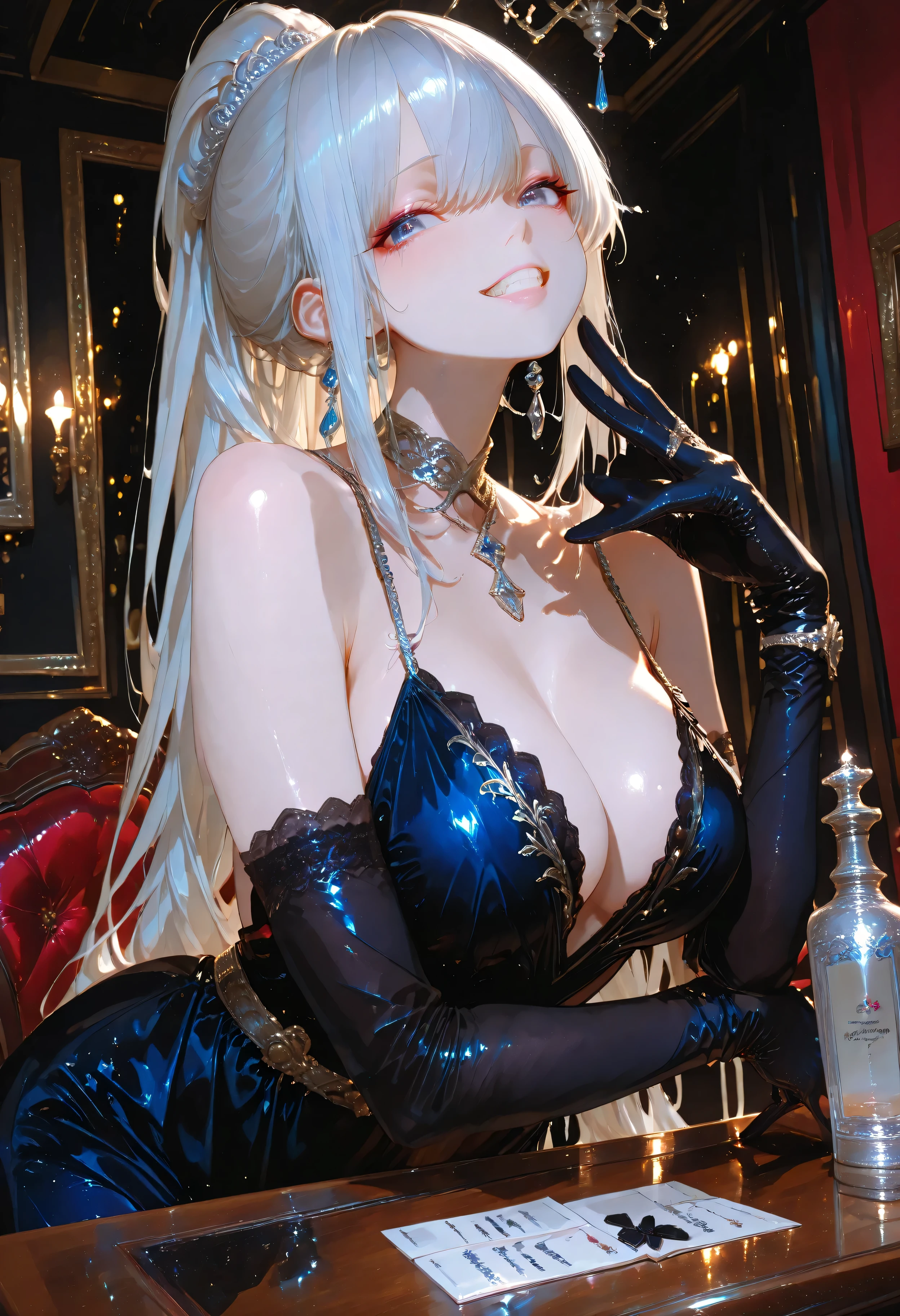 masterpiece、8K、A beautiful woman with a sophisticated silver ponytail tied high、 a very elegant and refined pose, angle of view that weighs approximately 52。彼女teeth a luxurious glove reaches down to the elbow on one arm, ((near the bottom of the table))with many、ベルベットの手袋teethその質感と動きが際立っている。HerSTRAUD WITH A STRAPteeth、 in sync with the gaze focused on the hand, 、clearly suggest inner strength and elegance。彼女teeth床に届く長さの洗練された((black velvet evening dress))A beautiful woman wearing、modestly draped、exudes timeless elegance。背景teeth薄暗い豪華な舞踏会で、柔らかくドラマティックな照明がHerシルエットと a luxurious velvet glove is halfway removed, very and elegant pose。