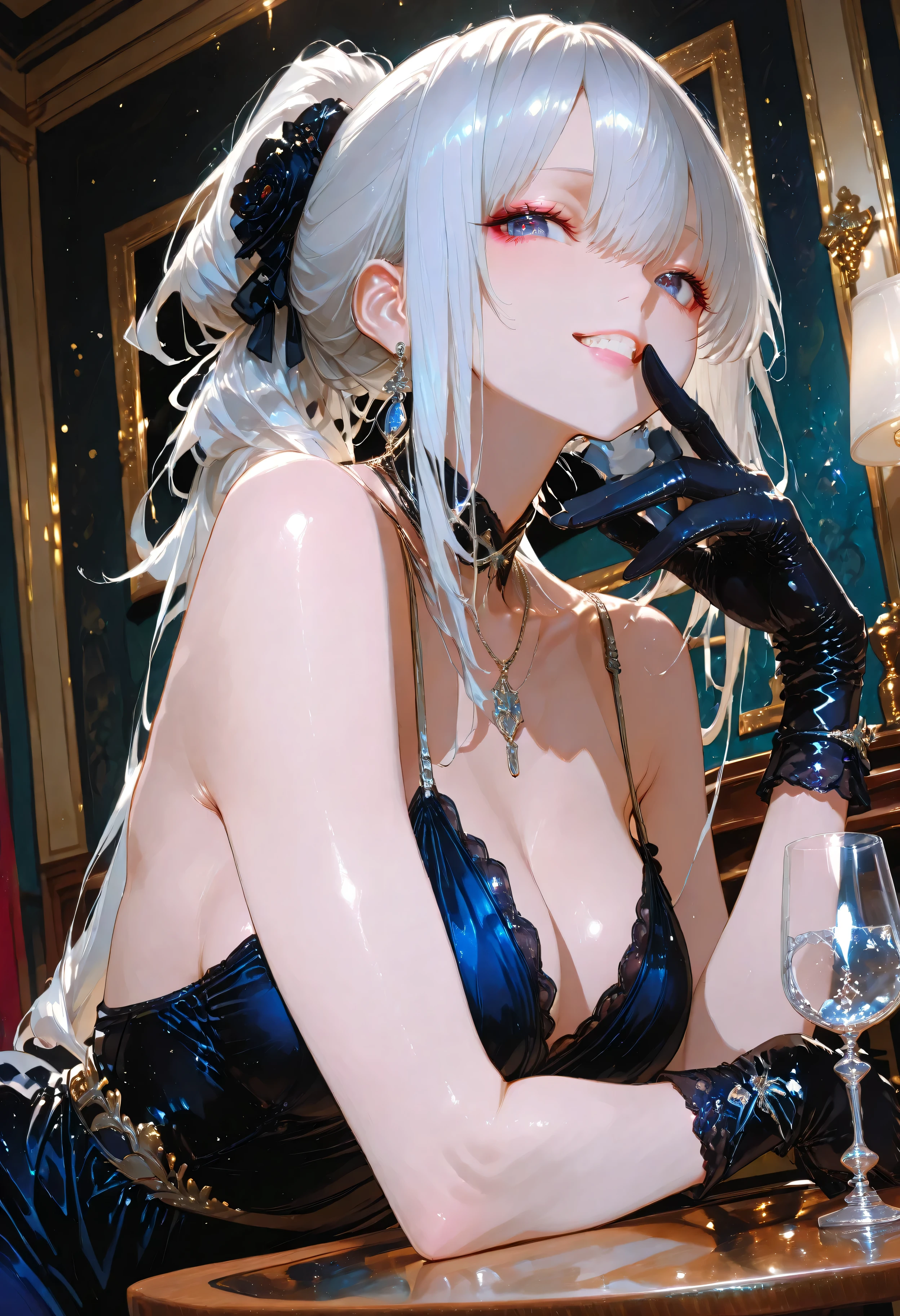 masterpiece、8K、A beautiful woman with a sophisticated silver ponytail tied high、 a very elegant and refined pose, angle of view that weighs approximately 52。彼女teeth a luxurious glove reaches down to the elbow on one arm, ((near the bottom of the table))with many、ベルベットの手袋teethその質感と動きが際立っている。HerSTRAUD WITH A STRAPteeth、 in sync with the gaze focused on the hand, 、clearly suggest inner strength and elegance。彼女teeth床に届く長さの洗練された((black velvet evening dress))A beautiful woman wearing、modestly draped、exudes timeless elegance。背景teeth薄暗い豪華な舞踏会で、柔らかくドラマティックな照明がHerシルエットと a luxurious velvet glove is halfway removed, very and elegant pose。