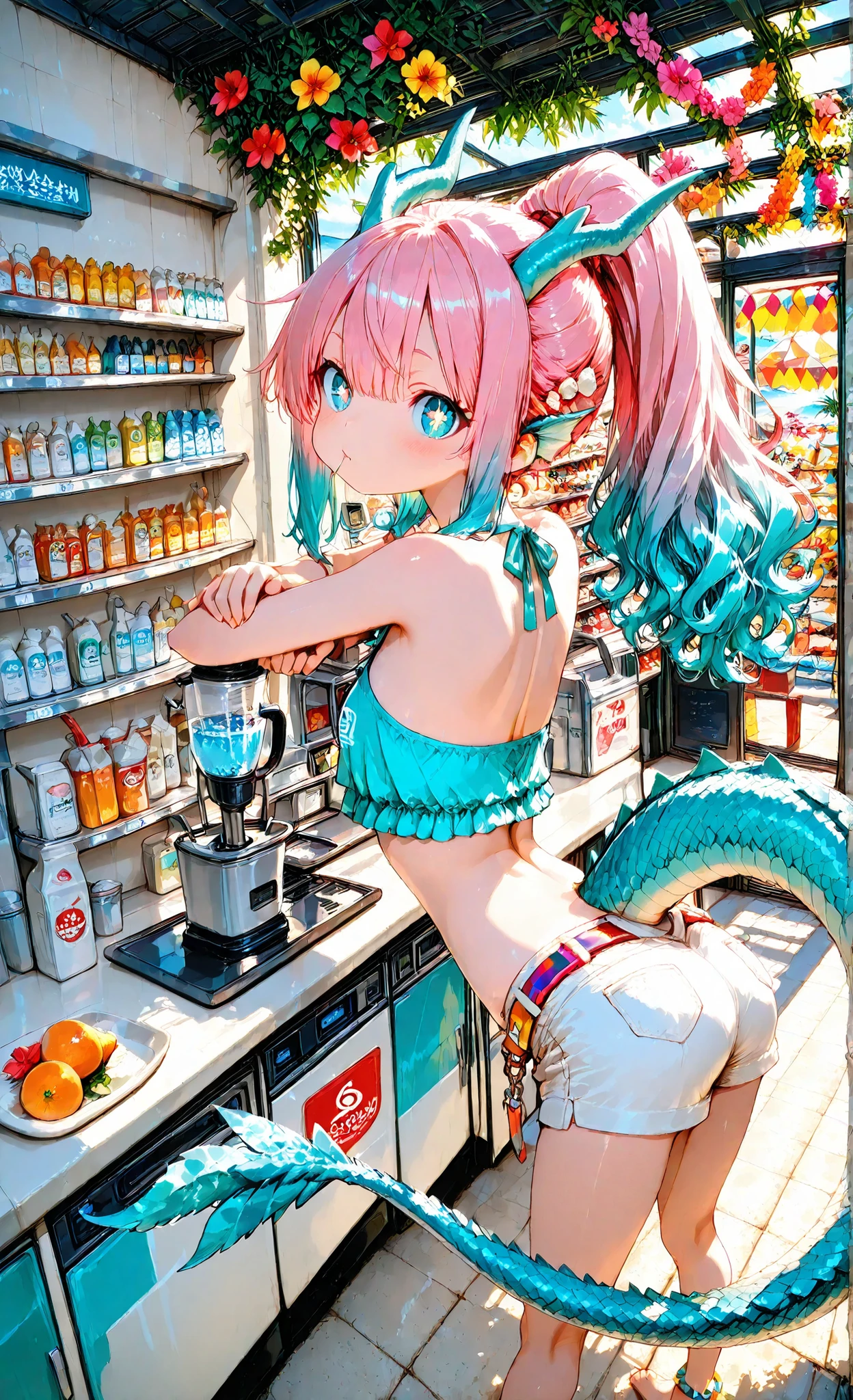 写真, 高品質な, 超高解像度, 1 女の子, 鱗状の皮膚, 可愛いドラゴン娘, 腕を覆うアクアブルーの鱗はグラデーション模様で、手元でより濃くなります, 背中のないデザインを通して見える背骨に沿った繊細な鱗, オーシャンビューと夕焼け色のビーチサイドスムージーショップに立っている, ショップの詳細には、壁にサーフボードが含まれています, トロピカルデコレーション, そしてオーシャンビューのオープンテラス席, カウンターの後ろでフレッシュフルーツスムージーを作りながらポーズ, ブレンダーを操作しながら集中した表情, 優しい顔立ちと日焼けした肌、頬骨を際立たせる鱗を持つ楕円形の顔, 海の色彩を映し出すダイヤモンド型の瞳孔を持つ明るいターコイズ色の目, (詳細な目:1.2), (鋭い目:1.1), 貝殻のアクセサリーが付いた、太陽で色あせたハイライトが入った長いビーチウェーブのティールヘアを高いポニーテールにまとめている, ショップのロゴが入ったアクアクロップトップを着たトロピカルな従業員衣装, 鱗模様のベルト付きの白いショートパンツ, そして貝殻のアンクレット