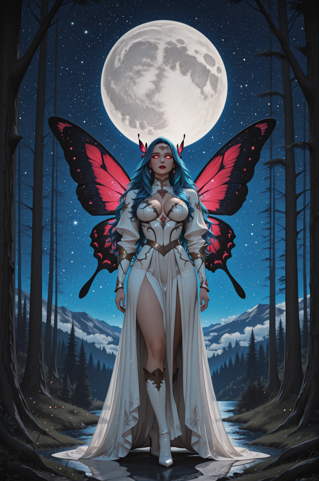 aidmaMJ6.1,x3rno1a,,a picture of an exquisite beautiful female fairy standing under the starry night sky at the forest, ultra detailed face, ultra feminine, fare skin, azure hair, wavy hair, dynamic eyes color, glowing eyes, intense eyes, red lips, wearing white armor dress, butterfly wings, wearing high heeled boots, sky full of stars background, moon, beat details, best quality, 8k, [ultra detailed], masterpiece, best quality, (ultra detailed), full body, ultra wide shot, photorealism, fantasy art,  Larry Elmore style,