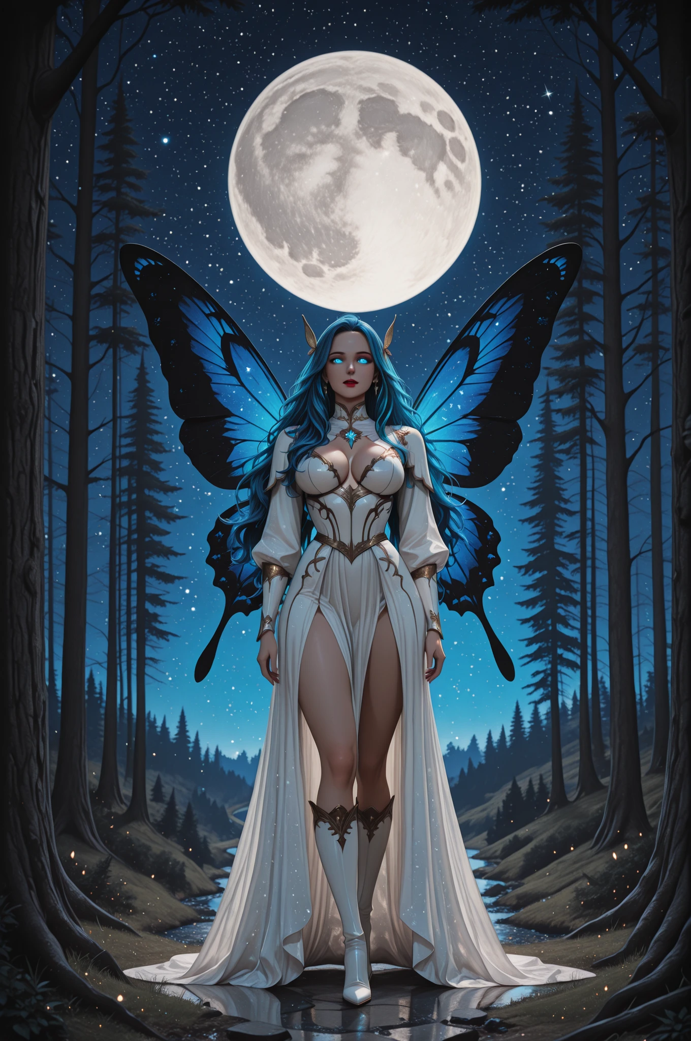 aidmaMJ6.1,x3rno1a,,a picture of an exquisite beautiful female fairy standing under the starry night sky at the forest, ultra detailed face, ultra feminine, fare skin, azure hair, wavy hair, dynamic eyes color, glowing eyes, intense eyes, red lips, wearing white armor dress, butterfly wings, wearing high heeled boots, sky full of stars background, moon, beat details, best quality, 8k, [ultra detailed], masterpiece, best quality, (ultra detailed), full body, ultra wide shot, photorealism, fantasy art,  Larry Elmore style,