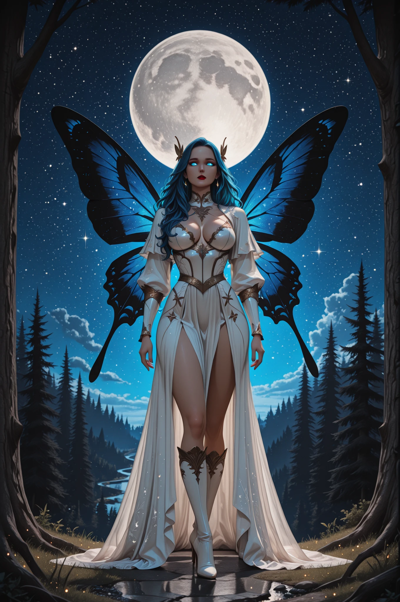 aidmaMJ6.1,x3rno1a,,a picture of an exquisite beautiful female fairy standing under the starry night sky at the forest, ultra detailed face, ultra feminine, fare skin, azure hair, wavy hair, dynamic eyes color, glowing eyes, intense eyes, red lips, wearing white armor dress, butterfly wings, wearing high heeled boots, sky full of stars background, moon, beat details, best quality, 8k, [ultra detailed], masterpiece, best quality, (ultra detailed), full body, ultra wide shot, photorealism, fantasy art,  Larry Elmore style,