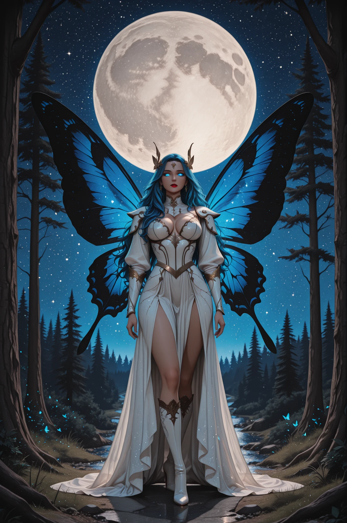 aidmaMJ6.1,x3rno1a,,a picture of an exquisite beautiful female fairy standing under the starry night sky at the forest, ultra detailed face, ultra feminine, fare skin, azure hair, wavy hair, dynamic eyes color, glowing eyes, intense eyes, red lips, wearing white armor dress, butterfly wings, wearing high heeled boots, sky full of stars background, moon, beat details, best quality, 8k, [ultra detailed], masterpiece, best quality, (ultra detailed), full body, ultra wide shot, photorealism, fantasy art,  Larry Elmore style,
