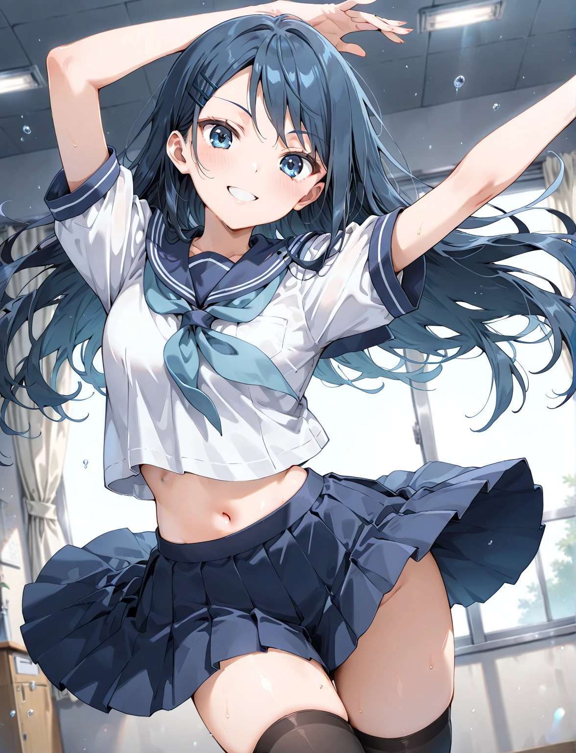 Tazune rirei, 8k, ultra-detailed, Masterpiece, best quality, perfect lighting, aqua eyes, black hair, side ponytail, cleavage, navel, spoken heart, , white shirt, skirt, socks, loafers, classroom, portrait, bokeh, blush, grinning, making a peace sign, ((dynamic pose)), standing on floor