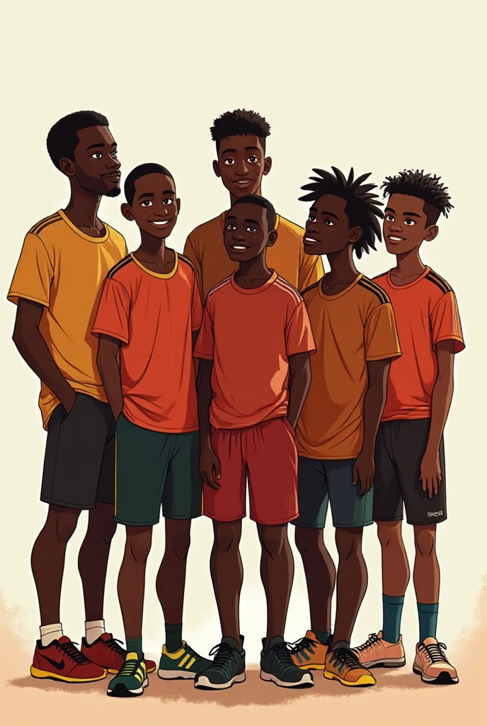 Three men standing, African, wearing only shorts, one is muscular, one is thin, and the third is very thin and weak. No background, detailed illustration, Disney style. Flat colours. Black stroke drawing lines.