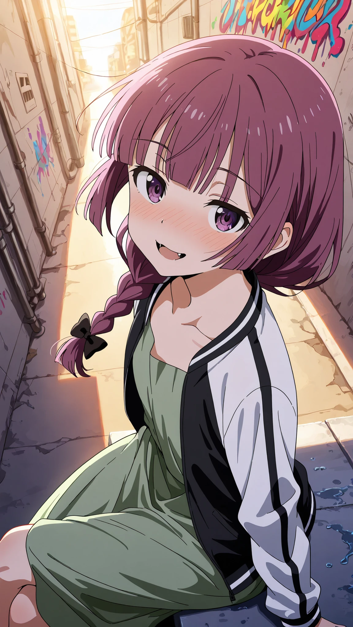 BREAK (masterpiece:1.2),highly detailed realistic anime background, narrow urban alley, daylight scene with wet reflective asphalt, colorful graffiti on concrete walls, small puddles with bright sky reflections, metallic pipes and vents, warm sunlight breaking through clouds, subtle lens bloom and light flares, cinematic perspective, deep contrast and vibrant highlights, AMOLED lighting style, SDXL realism, ultra high quality, no people,kikuri hiroi, black bow, blunt bangs, braid, closed eyes, purple eyes, fang, hair bow, hair over shoulder, long hair, purple hair, sidelocks, single braid, fangs,black jacket,collarbone, dress, green dress, jacket, long sleeves, open clothes, open jacket, raglan sleeves,white sleeves,,,faint blush from warm sunlight,
,looking at viewer,portrait shot,portrait,face close-up,floating hair,blush,smile,sitting gracefully, seductive pose, crossed legs, slightly arched back, soft gaze, high detail, 4k illustration,side shot,sitting on edge of roof, from above,