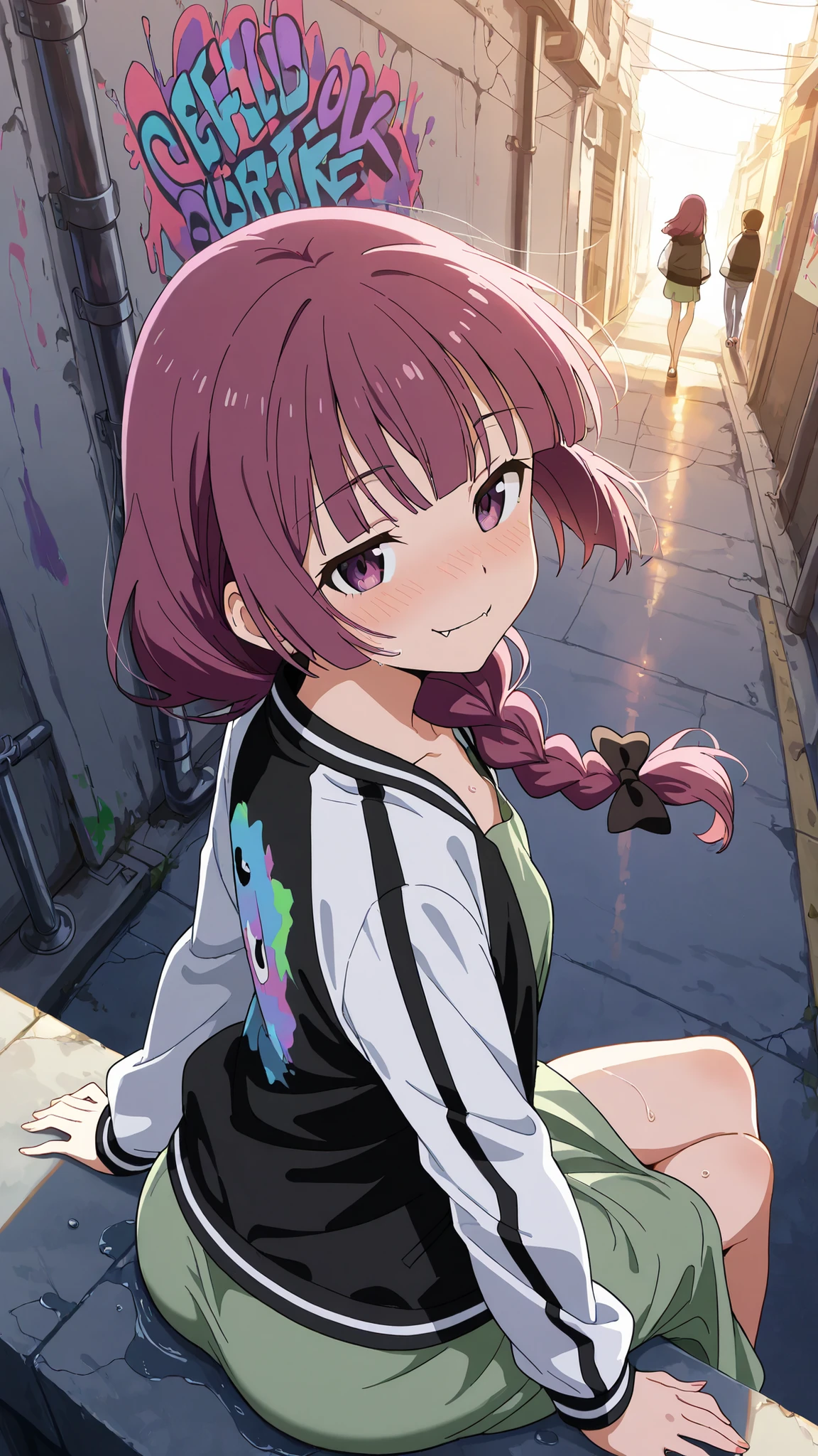 BREAK (masterpiece:1.2),highly detailed realistic anime background, narrow urban alley, daylight scene with wet reflective asphalt, colorful graffiti on concrete walls, small puddles with bright sky reflections, metallic pipes and vents, warm sunlight breaking through clouds, subtle lens bloom and light flares, cinematic perspective, deep contrast and vibrant highlights, AMOLED lighting style, SDXL realism, ultra high quality, no people,kikuri hiroi, black bow, blunt bangs, braid, closed eyes, purple eyes, fang, hair bow, hair over shoulder, long hair, purple hair, sidelocks, single braid, fangs,black jacket,collarbone, dress, green dress, jacket, long sleeves, open clothes, open jacket, raglan sleeves,white sleeves,faint blush from warm sunlight,
,looking at viewer,portrait shot,portrait,face close-up,floating hair,blush,smile,sitting gracefully, seductive pose, crossed legs, slightly arched back, soft gaze, high detail, 4k illustration,side shot,sitting on edge of roof, from above,from behind,back shot,smile,