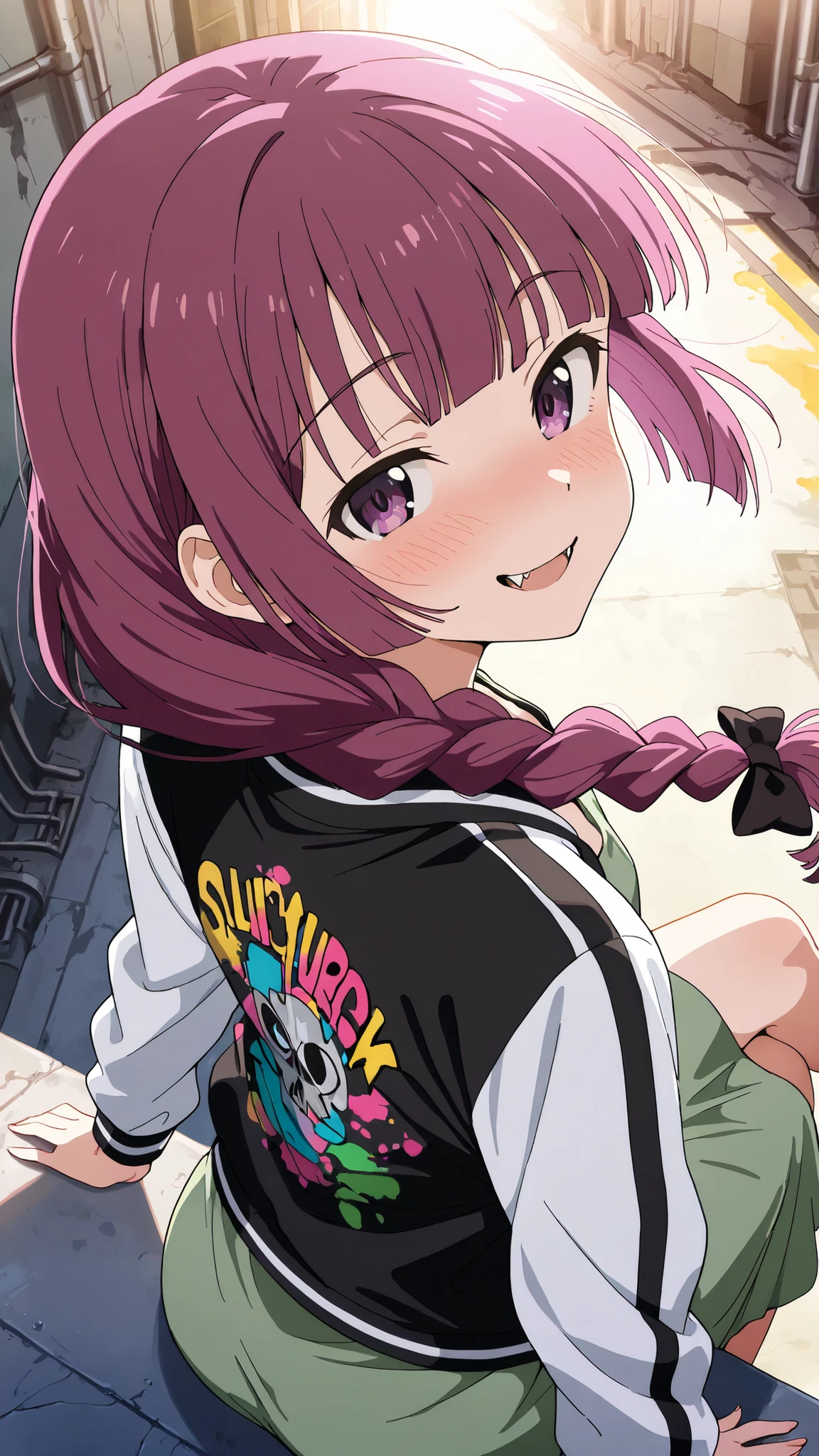 BREAK (masterpiece:1.2),highly detailed realistic anime background, narrow urban alley, daylight scene with wet reflective asphalt, colorful graffiti on concrete walls, small puddles with bright sky reflections, metallic pipes and vents, warm sunlight breaking through clouds, subtle lens bloom and light flares, cinematic perspective, deep contrast and vibrant highlights, AMOLED lighting style, SDXL realism, ultra high quality, no people,kikuri hiroi, black bow, blunt bangs, braid, closed eyes, purple eyes, fang, hair bow, hair over shoulder, long hair, purple hair, sidelocks, single braid, fangs,black jacket,collarbone, dress, green dress, jacket, long sleeves, open clothes, open jacket, raglan sleeves,white sleeves,faint blush from warm sunlight,
,looking at viewer,portrait shot,portrait,face close-up,floating hair,blush,smile,sitting gracefully, seductive pose, crossed legs, slightly arched back, soft gaze, high detail, 4k illustration,side shot,sitting on edge of roof, from above,from behind,back shot,smile,