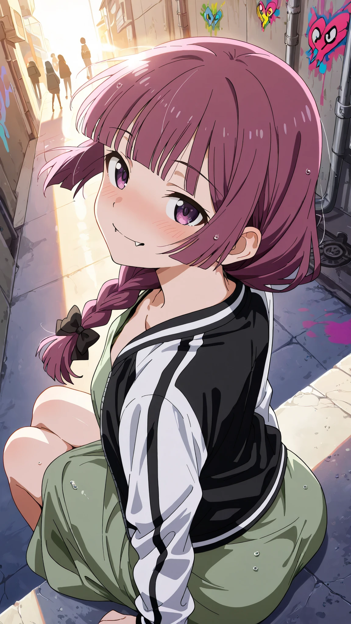 BREAK (masterpiece:1.2),highly detailed realistic anime background, narrow urban alley, daylight scene with wet reflective asphalt, colorful graffiti on concrete walls, small puddles with bright sky reflections, metallic pipes and vents, warm sunlight breaking through clouds, subtle lens bloom and light flares, cinematic perspective, deep contrast and vibrant highlights, AMOLED lighting style, SDXL realism, ultra high quality, no people,kikuri hiroi, black bow, blunt bangs, braid, closed eyes, purple eyes, fang, hair bow, hair over shoulder, long hair, purple hair, sidelocks, single braid, fangs,black jacket,collarbone, dress, green dress, jacket, long sleeves, open clothes, open jacket, raglan sleeves,white sleeves,faint blush from warm sunlight,
,looking at viewer,portrait shot,portrait,face close-up,floating hair,blush,smile,sitting gracefully, seductive pose, crossed legs, slightly arched back, soft gaze, high detail, 4k illustration,side shot,sitting on edge of roof, from above,from behind,back shot,smile,